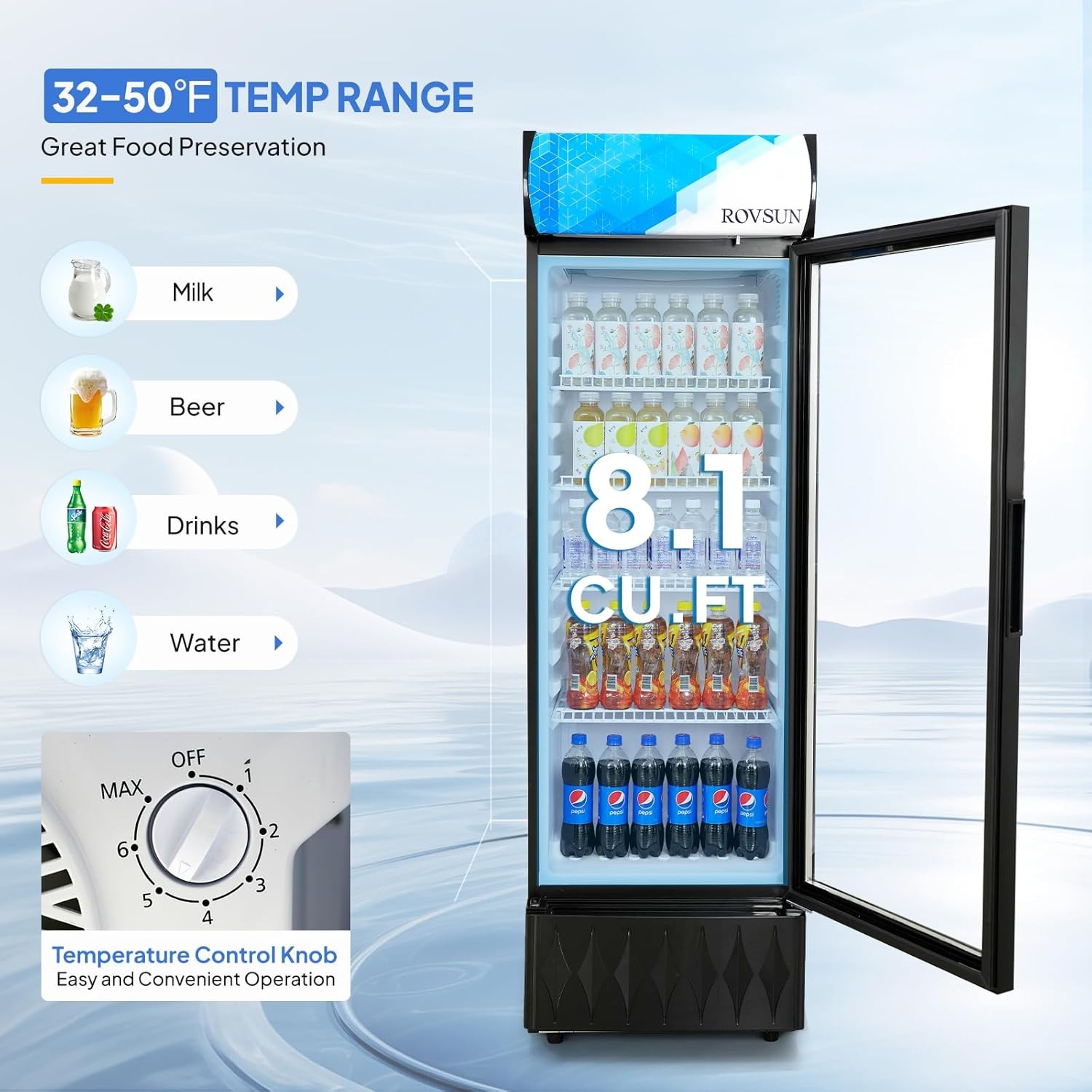8.1cu.ft One-Door Commercial Merchandiser Refrigerator in Black, Beverage Cooler