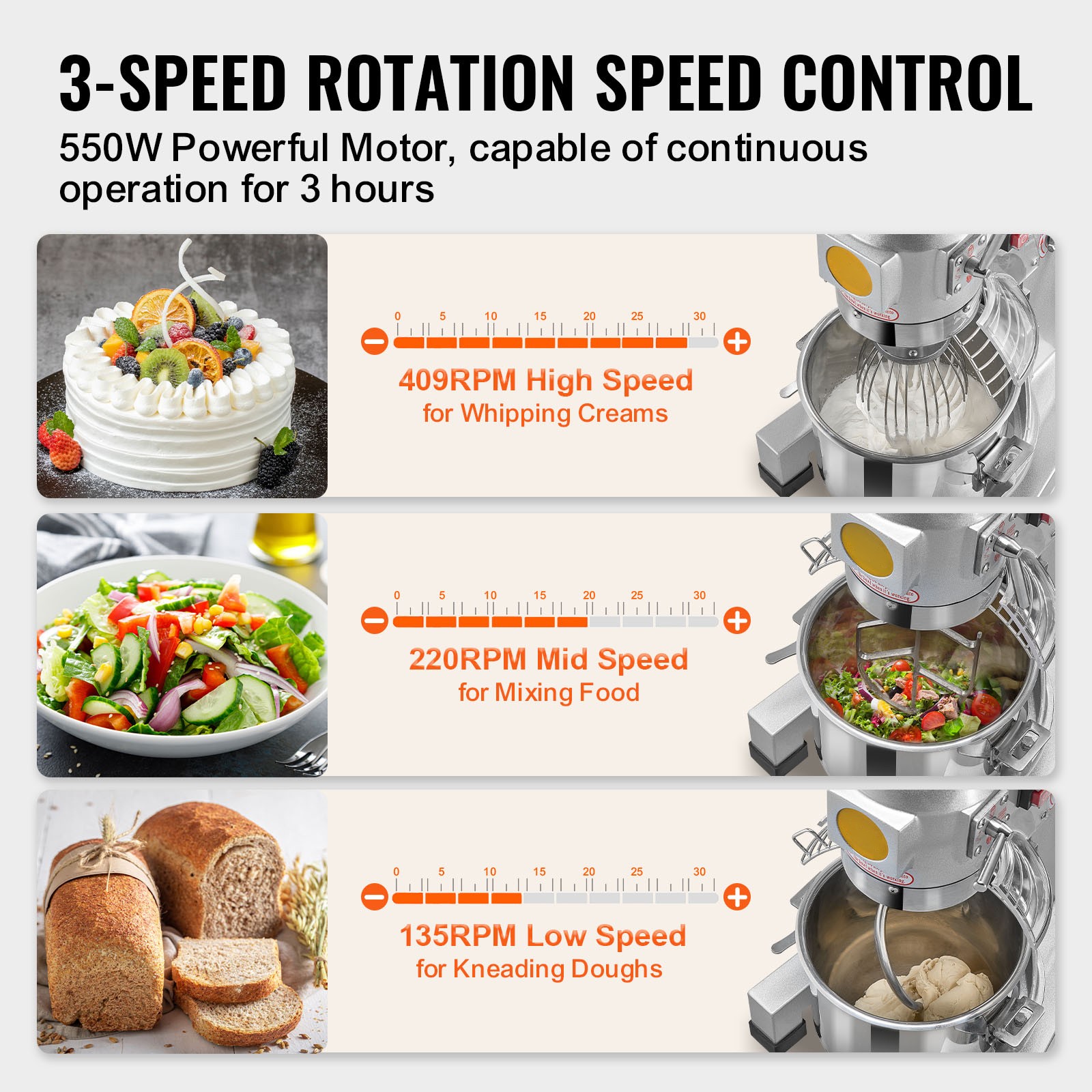 VEVOR 10/15/20/30 QT Commercial Food Mixer 3-Speed Stand Electric Dough Mixer