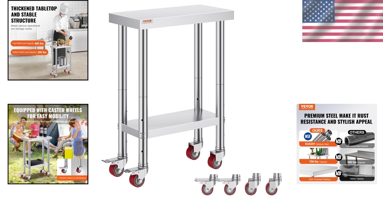 Stainless Steel Rolling Prep Table 24 x 12 x 34 Inch – Durable & Easy to Clean