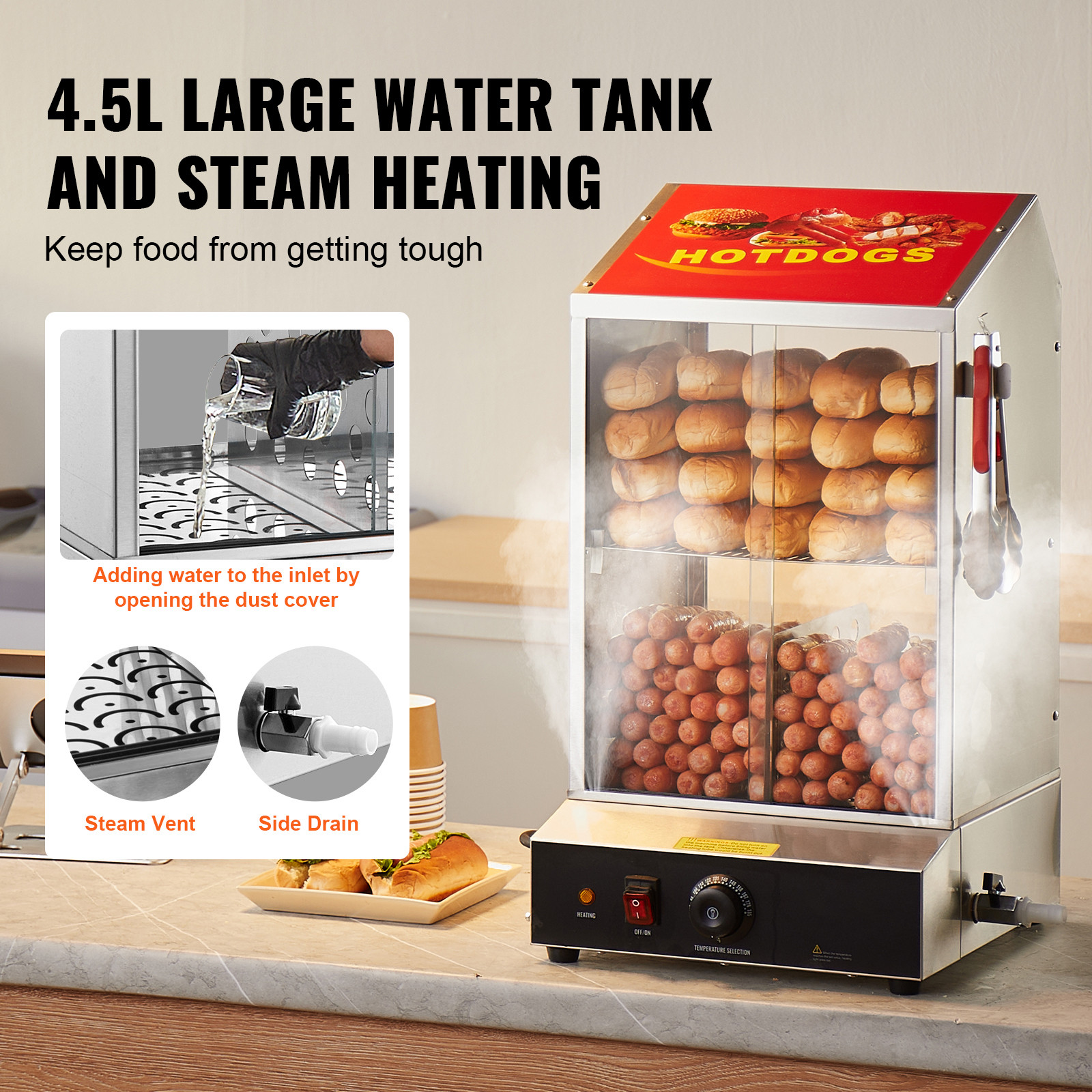 40L Commercial Hot Dog Bun Steamer 2-Tier Electric Warmer Display Slide Doors