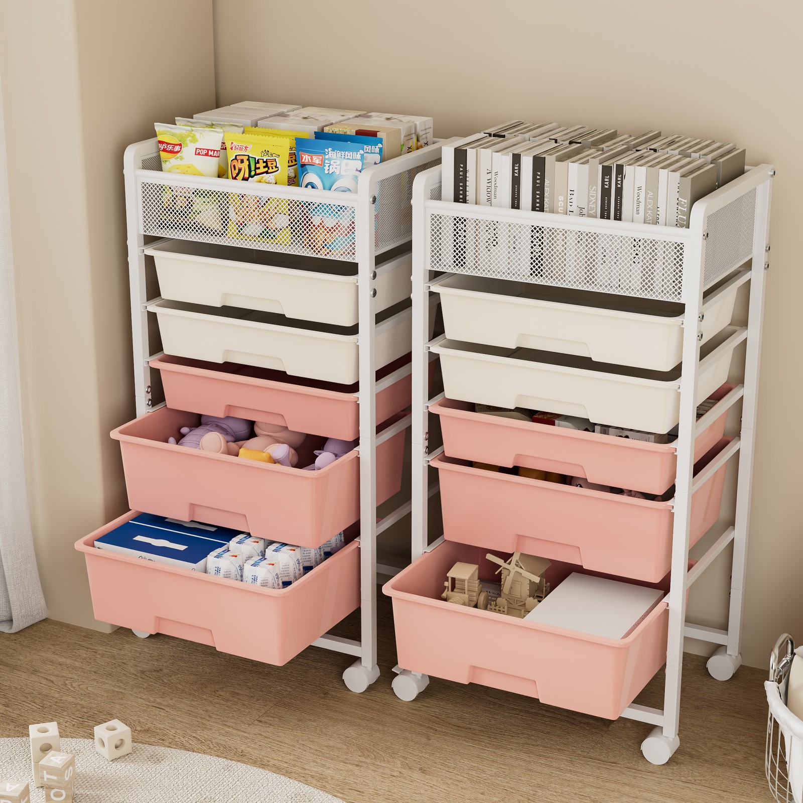 2 Pack 5-Tier Rotating Utility Cart Mobile Metal Storage Organizer Trolley White