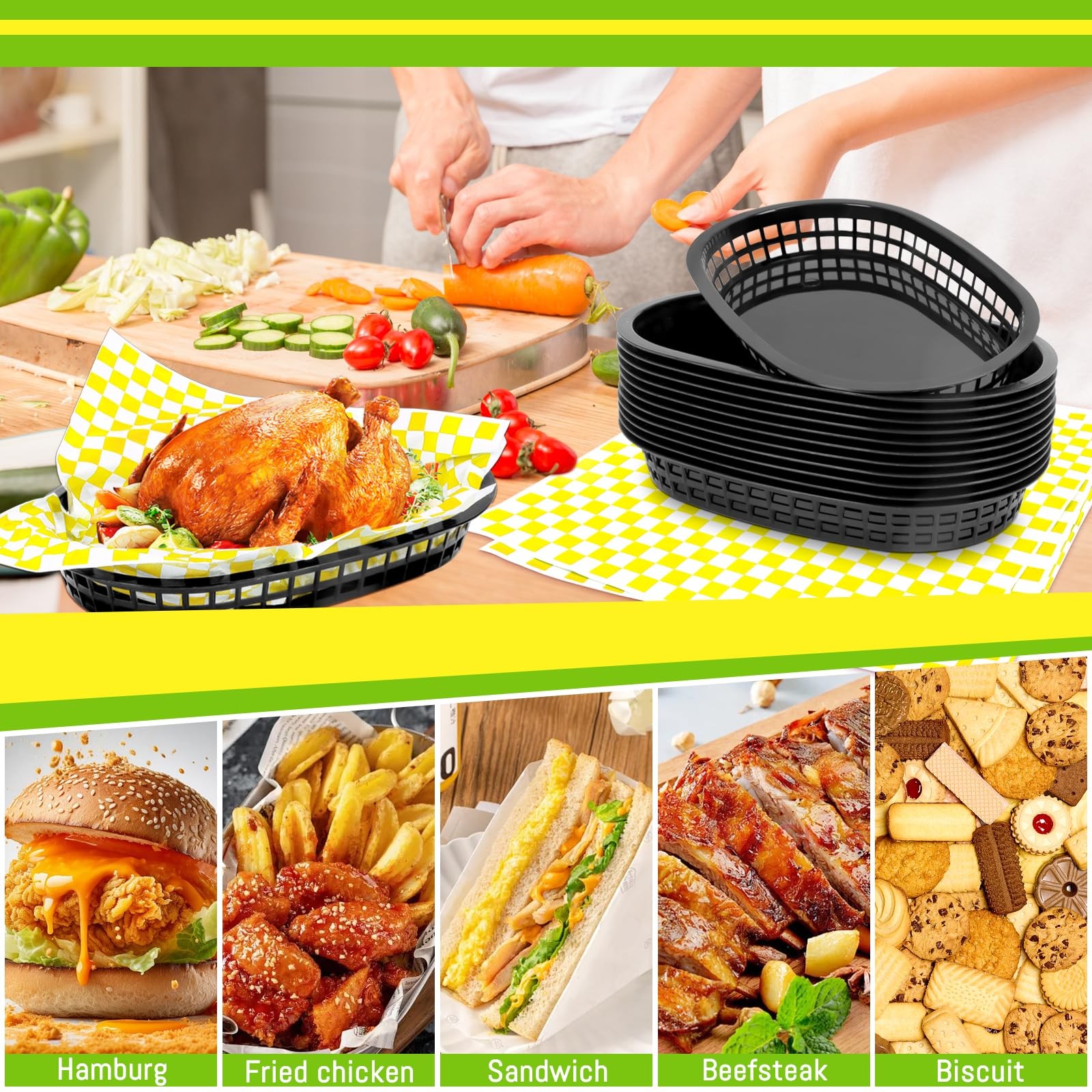 120 Sheets Yellow Checkered Deli Liners and 12 Black Fast Food Baskets Classi…