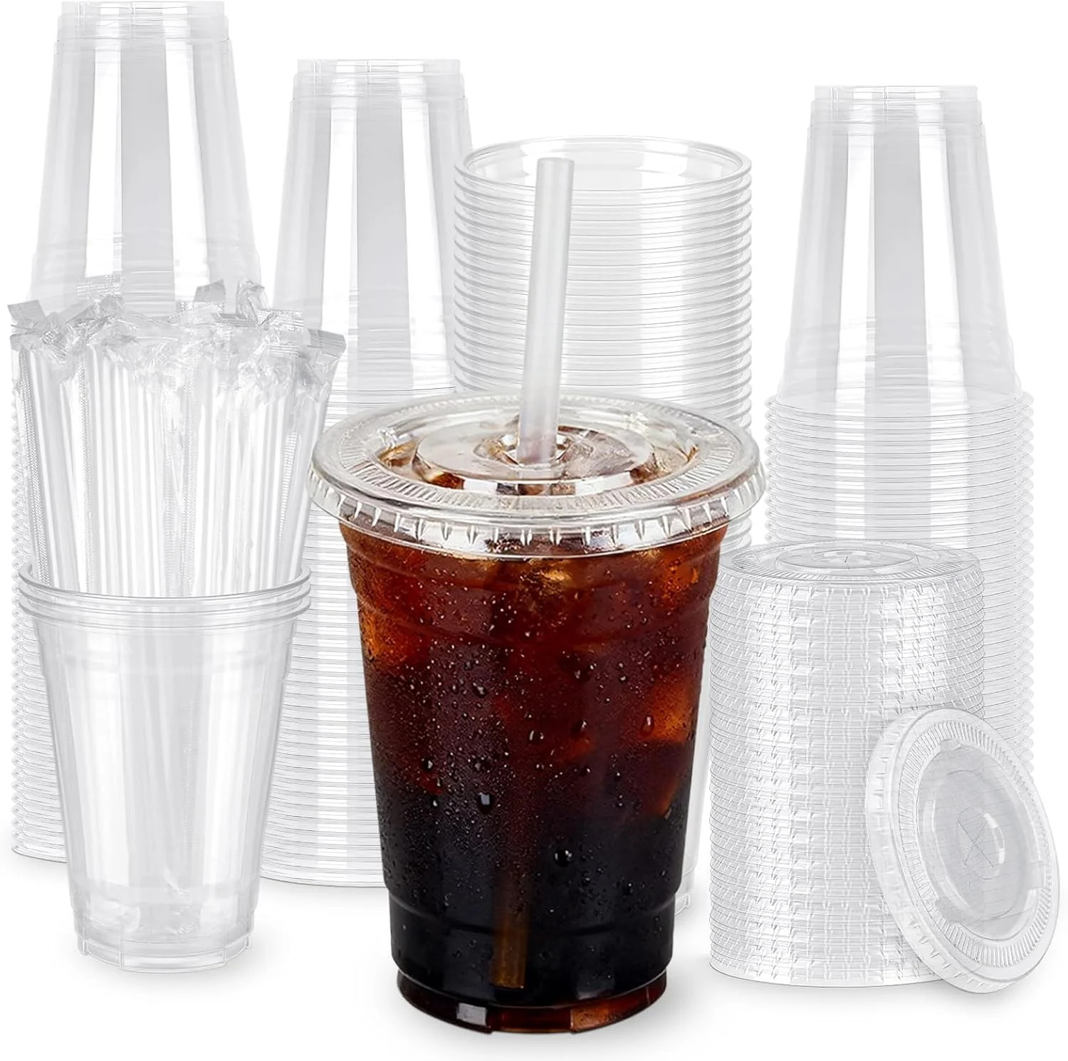 100 Pack 16oz Clear Plastic Cups with Lids & Straws, Leak-Proof Disposable Iced