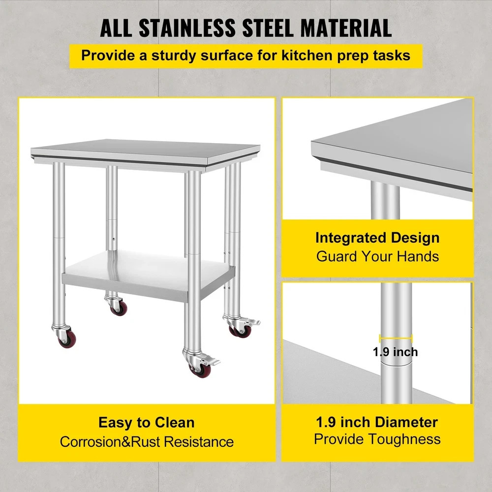 Uimoso Rolling Stainless Steel Work Table 30″x24″ Cart + Casters Undershelf