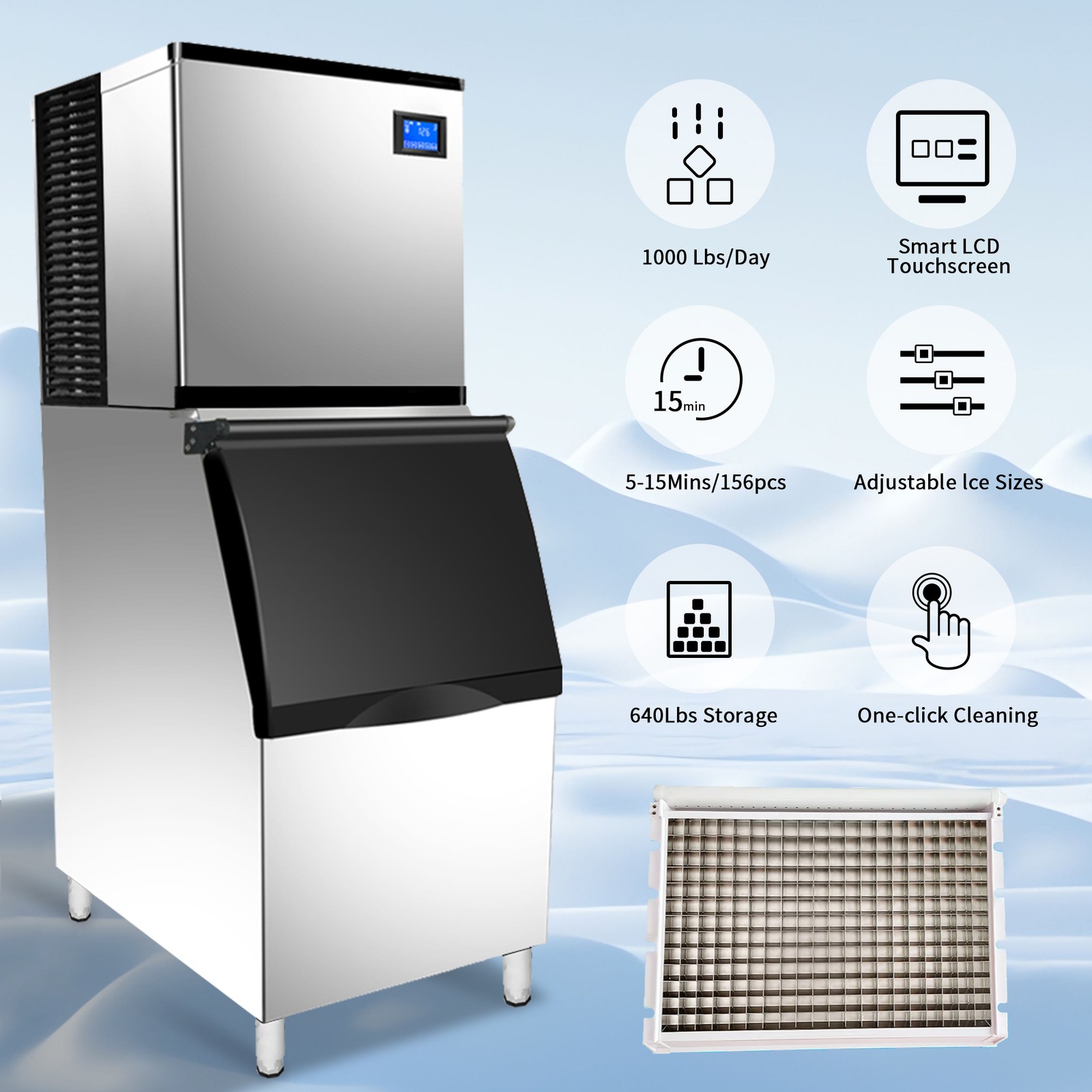 1000lbs/24H Ice Machine w/ 639lbs Storage Bin Automatic Cleaning Ice Machine