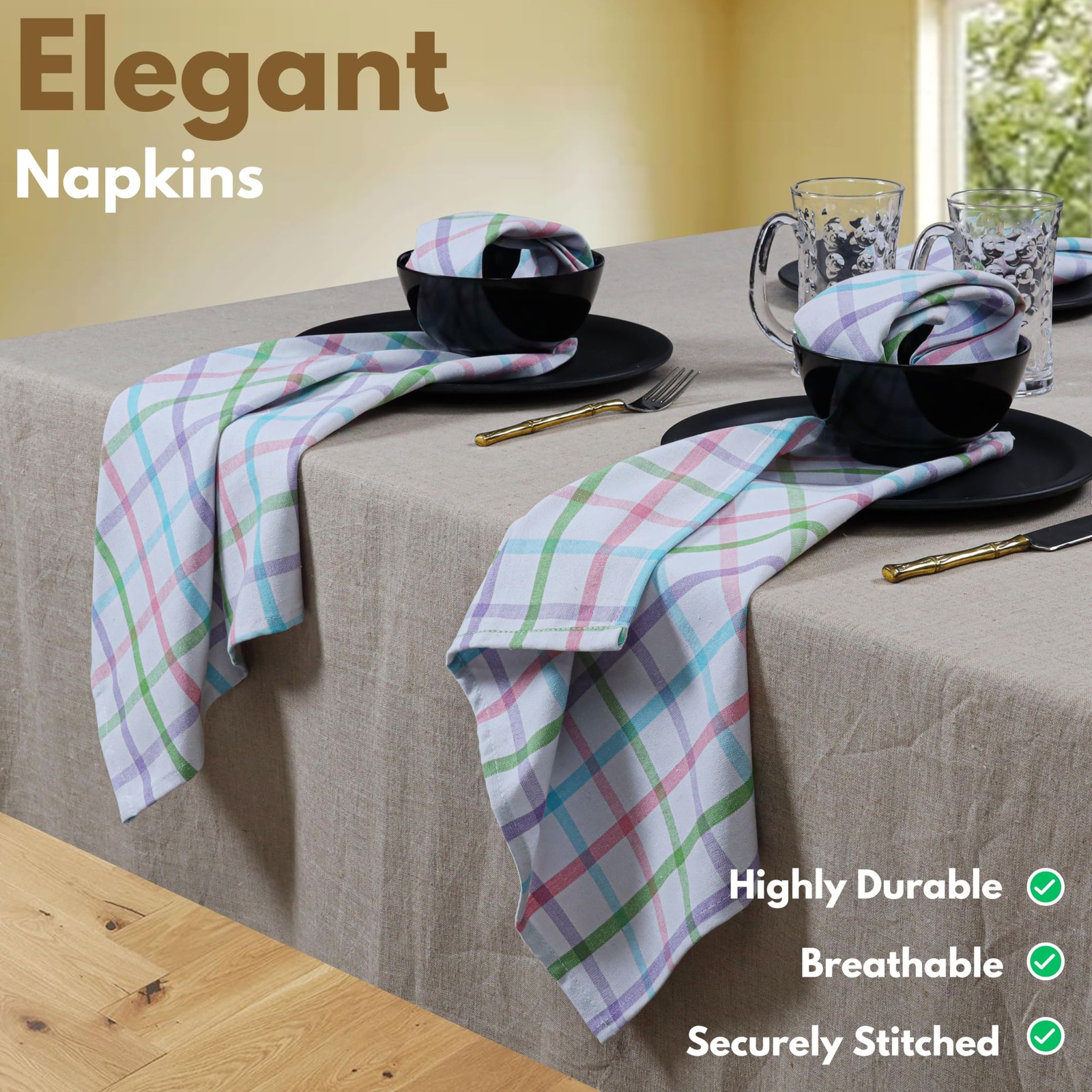 Native Fab Spring Easter Check Cloth Napkins Set Of 12 16X16 Inches 100 Cotton