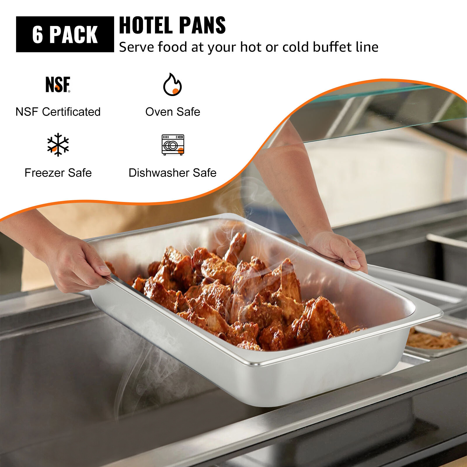 VEVOR 6 Pcs Full Size 4″ Deep Steam Table Pans Stainless Steel Hotel Food Prep