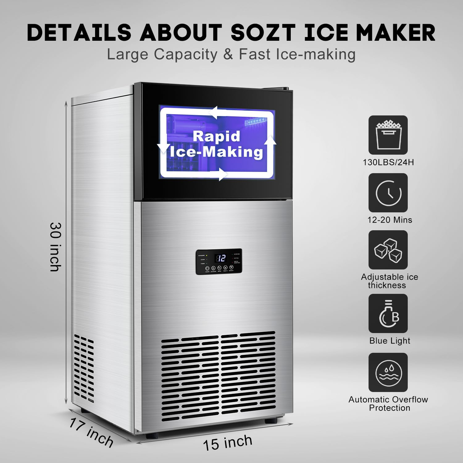 130LBS/24H Commercial Ice Maker Machine with 35LBS Capacity – Stainless Steel Un