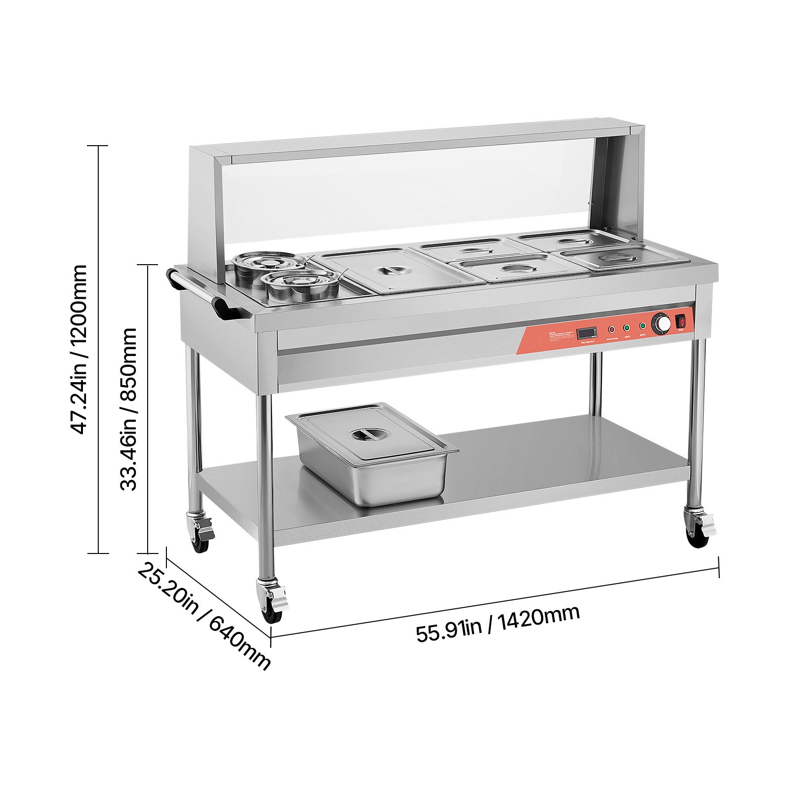 Uimoso 5 Pans + 2 Pots Commercial Food Warmer Steam Table with Undershelf Shield