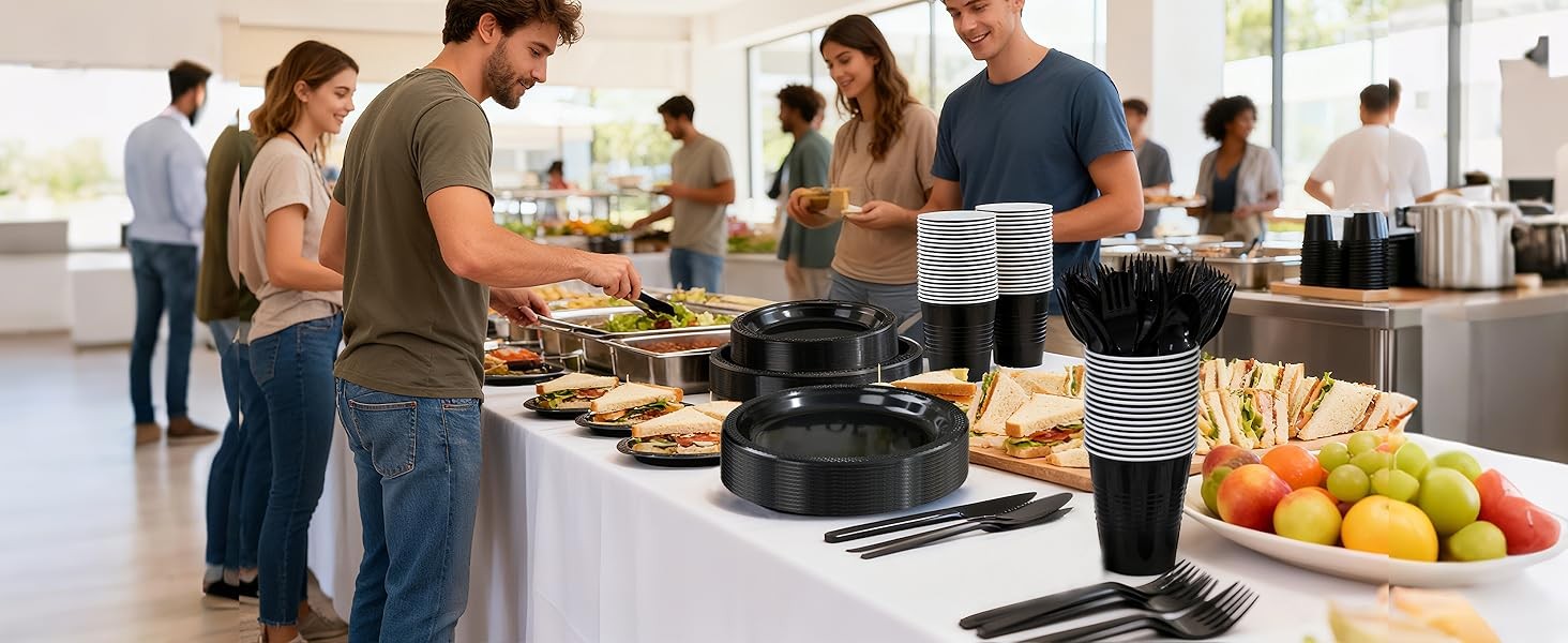 210 PCS Black Plastic Plates for 30 Guests – Disposable Dinnerware Set Including