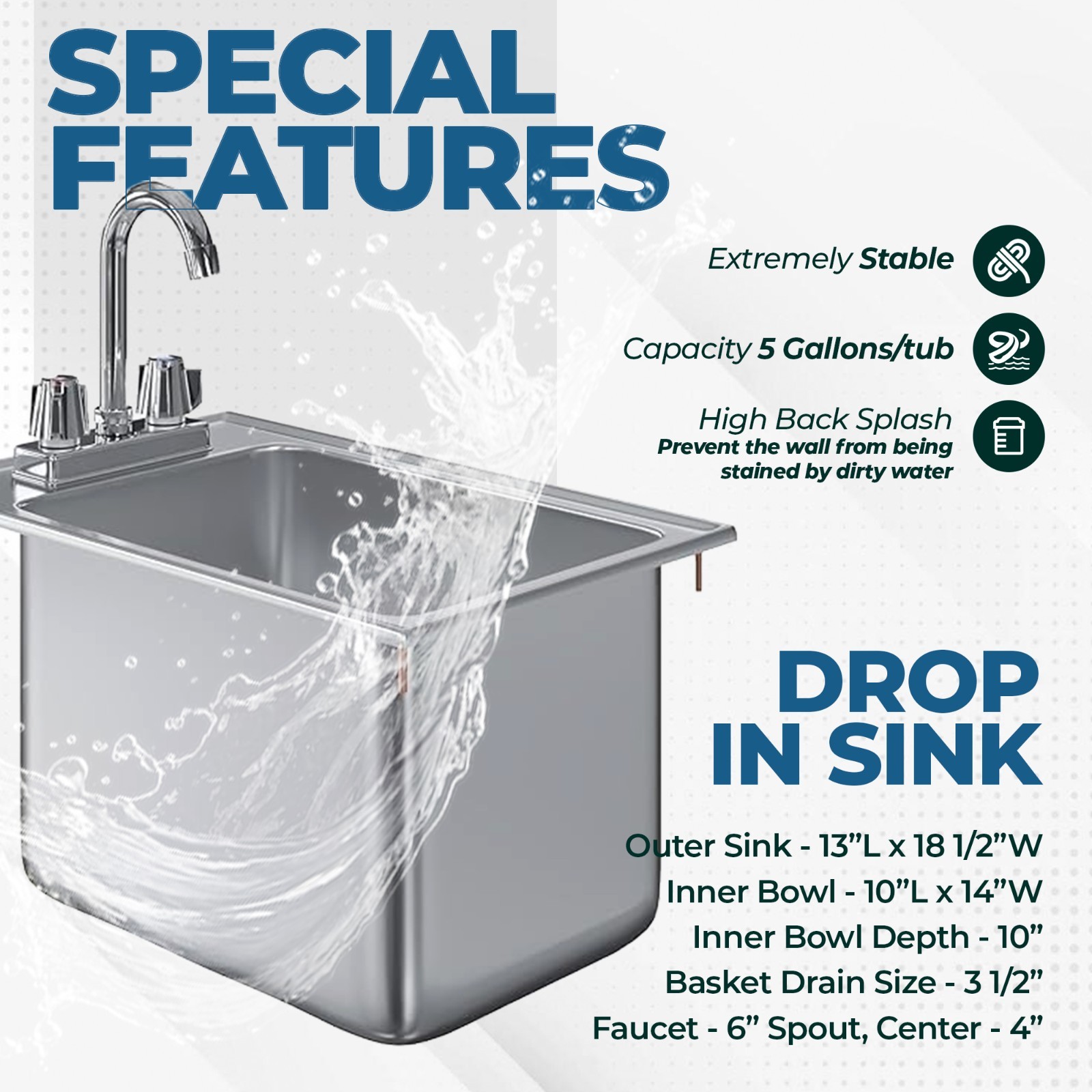 Stainless Steel 1 Compartment Drop in Sink 18.5″x13x10″ – Bowl Size 10″x14″x10″