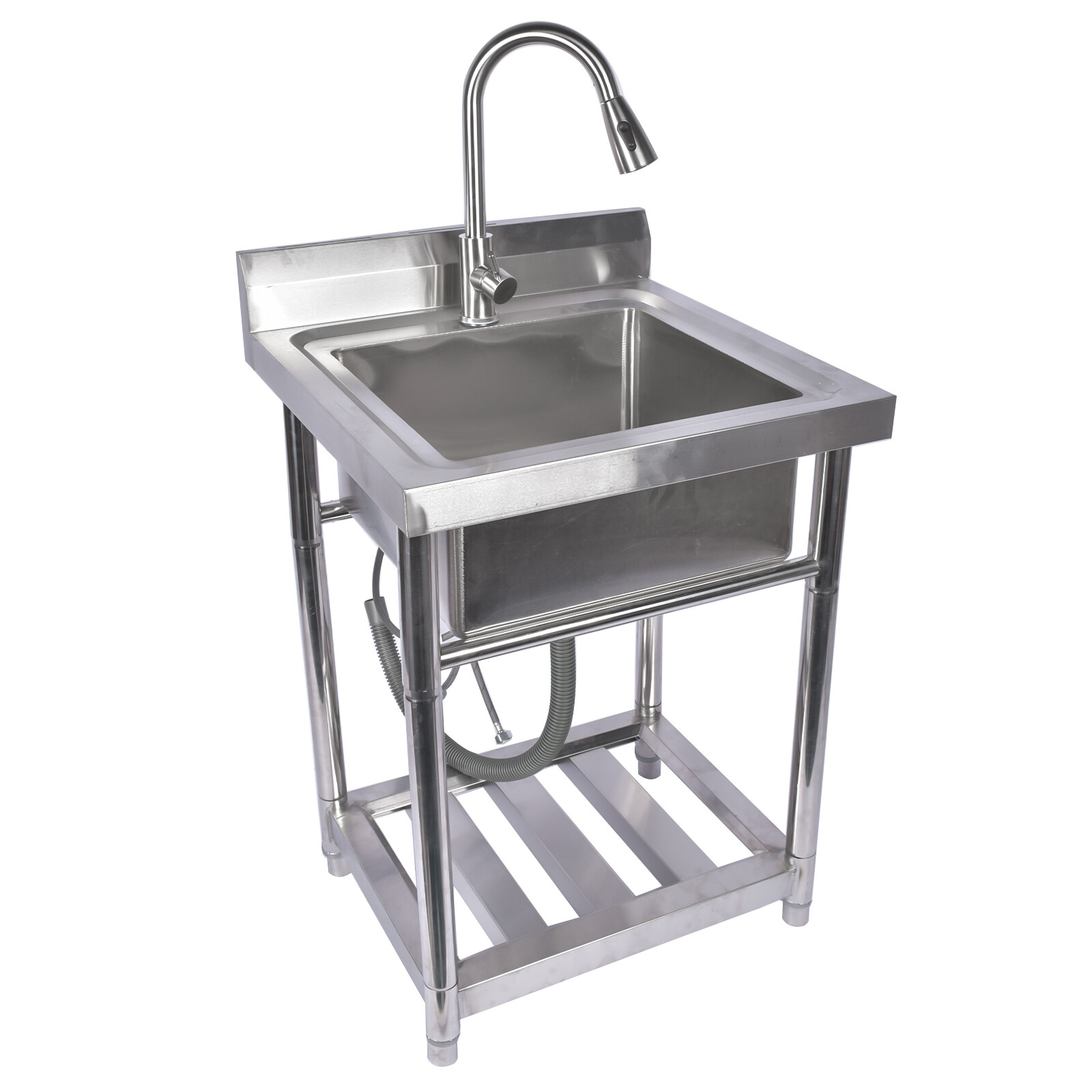 23.6”Inch Free Standing Single Bowl Kitchen Sink w/ Pull-out faucet w/ 2 Inserts