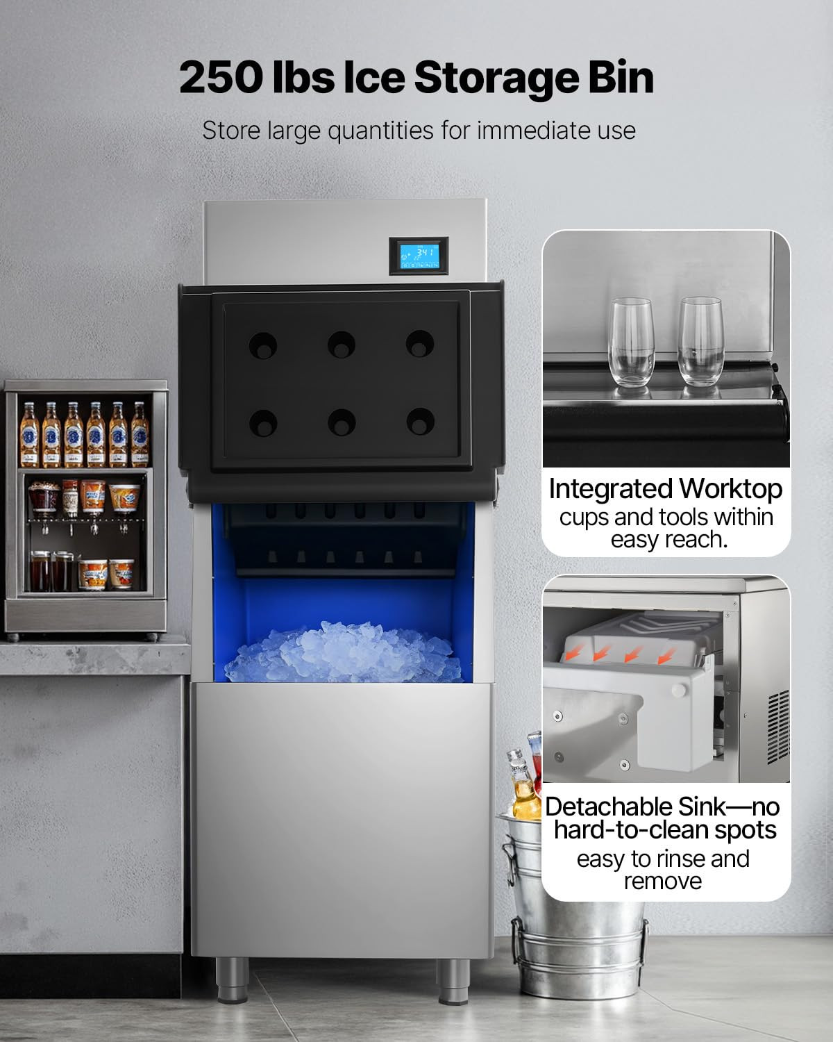 Commercial Ice Maker Machine, 360LBS/24H Ice-Making Machine with 250LBS Large St