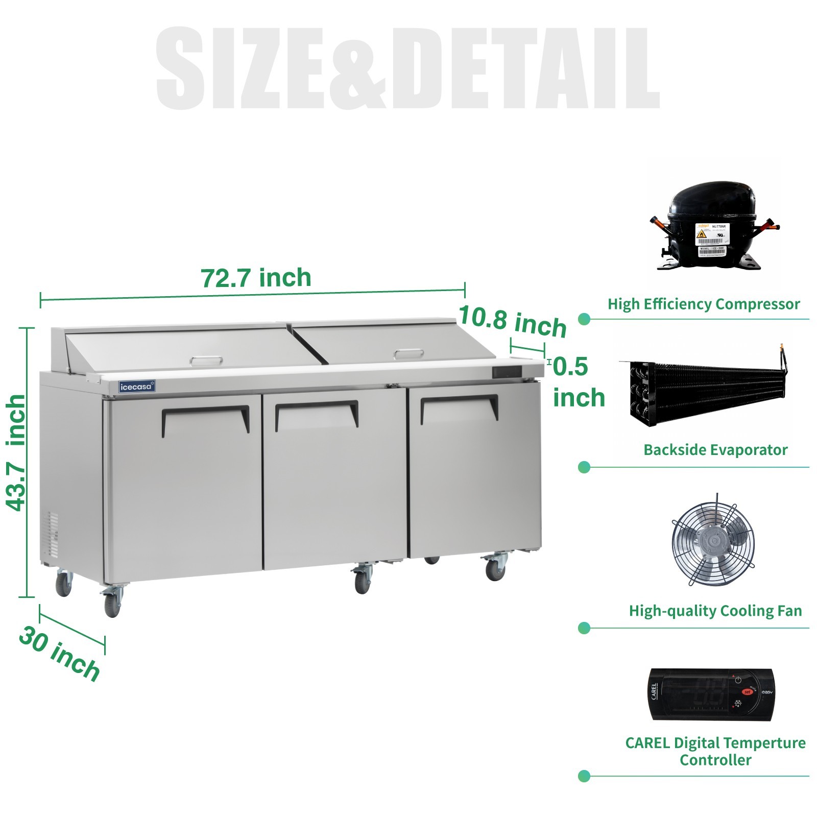 72″ Sandwich Prep Table Fridge, ICECASA 3 Door Food Bain Marie Cooler, 18 Pans