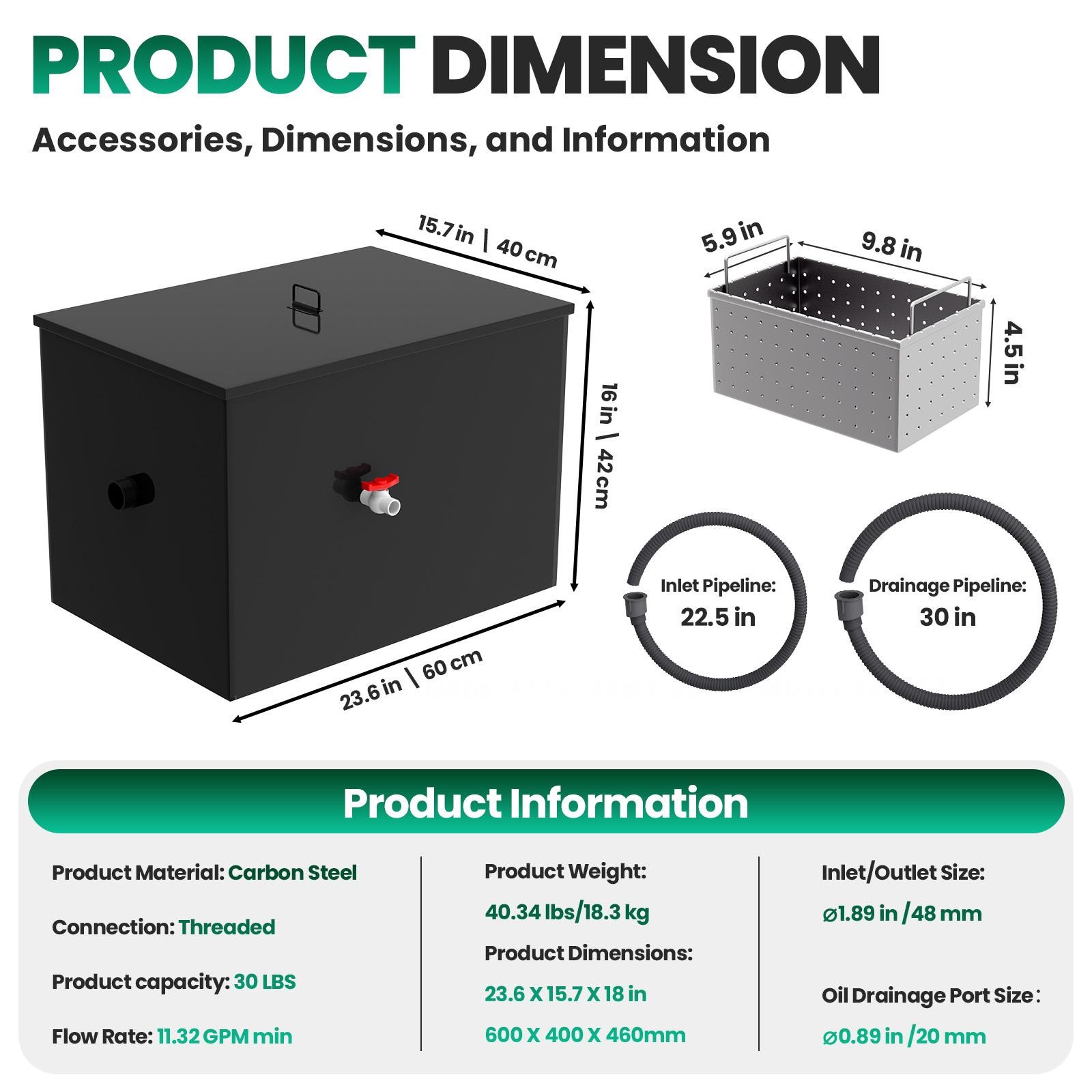 30 LBS 11.32 GPM Commercial Under Sink Grease Trap for Restaurant Home Kitchen