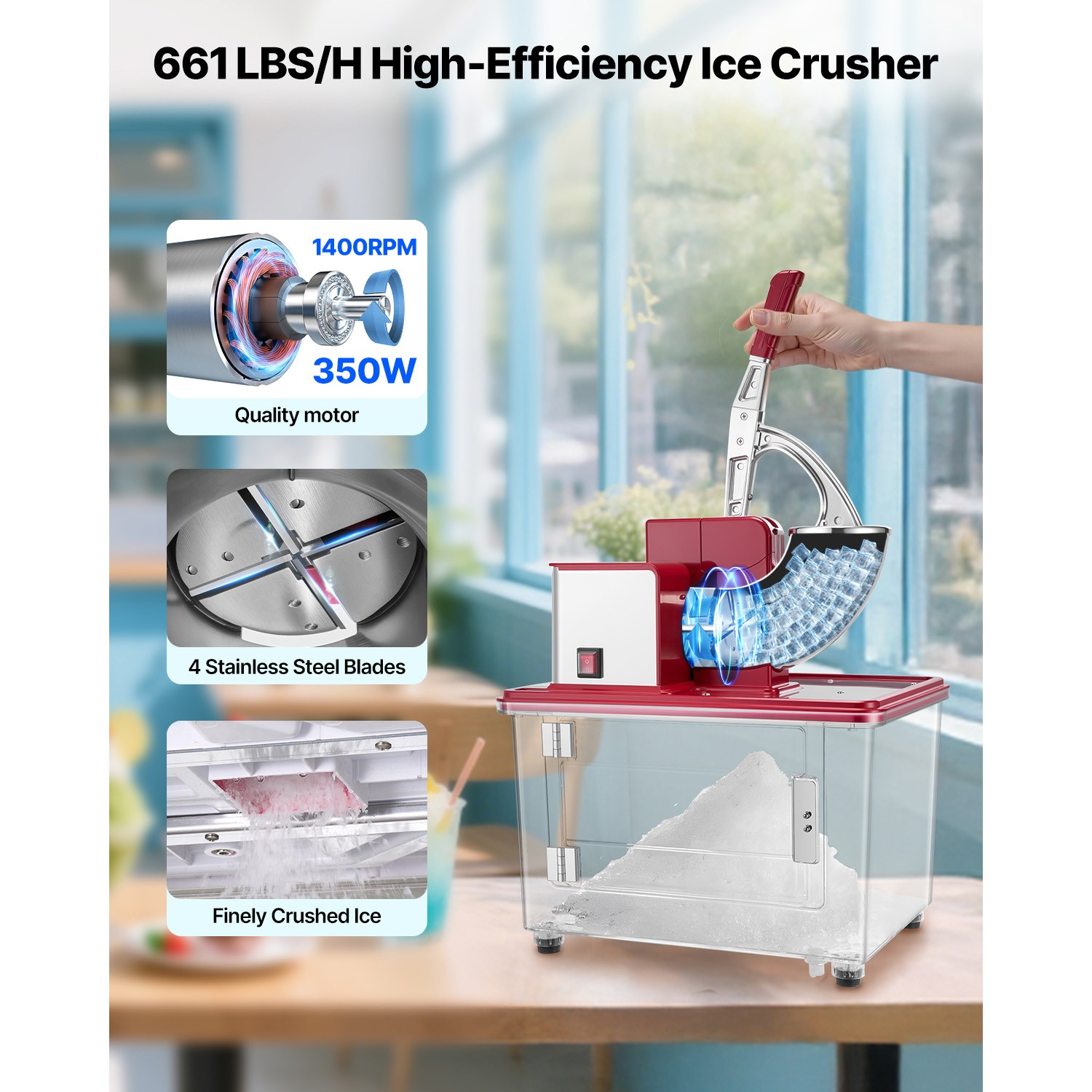 Uimoso Electric Ice Crusher Machine 661LBS/H Shaved Ice Maker Red