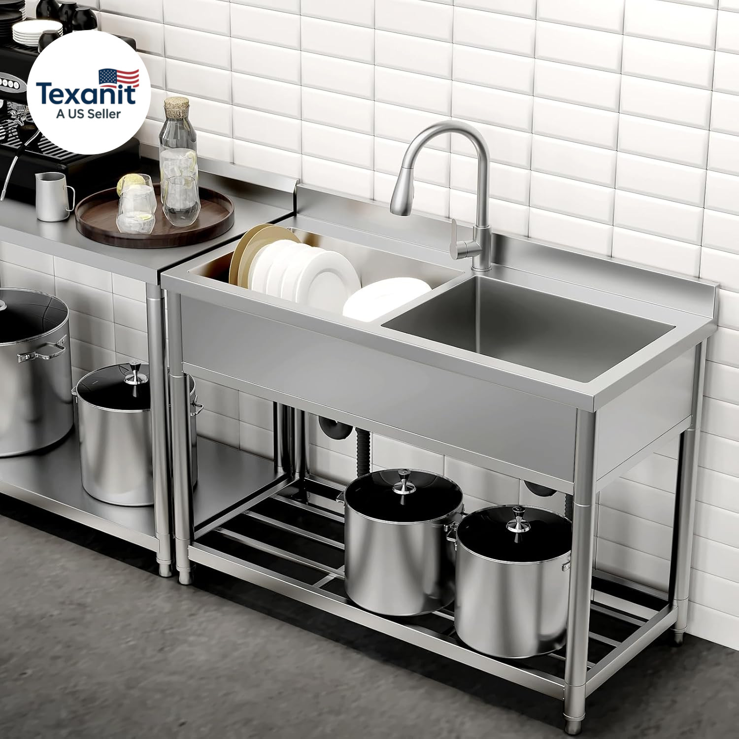 2-Compartment Commercial Sink, Stainless Steel Utility Sink with Pull-Out Faucet