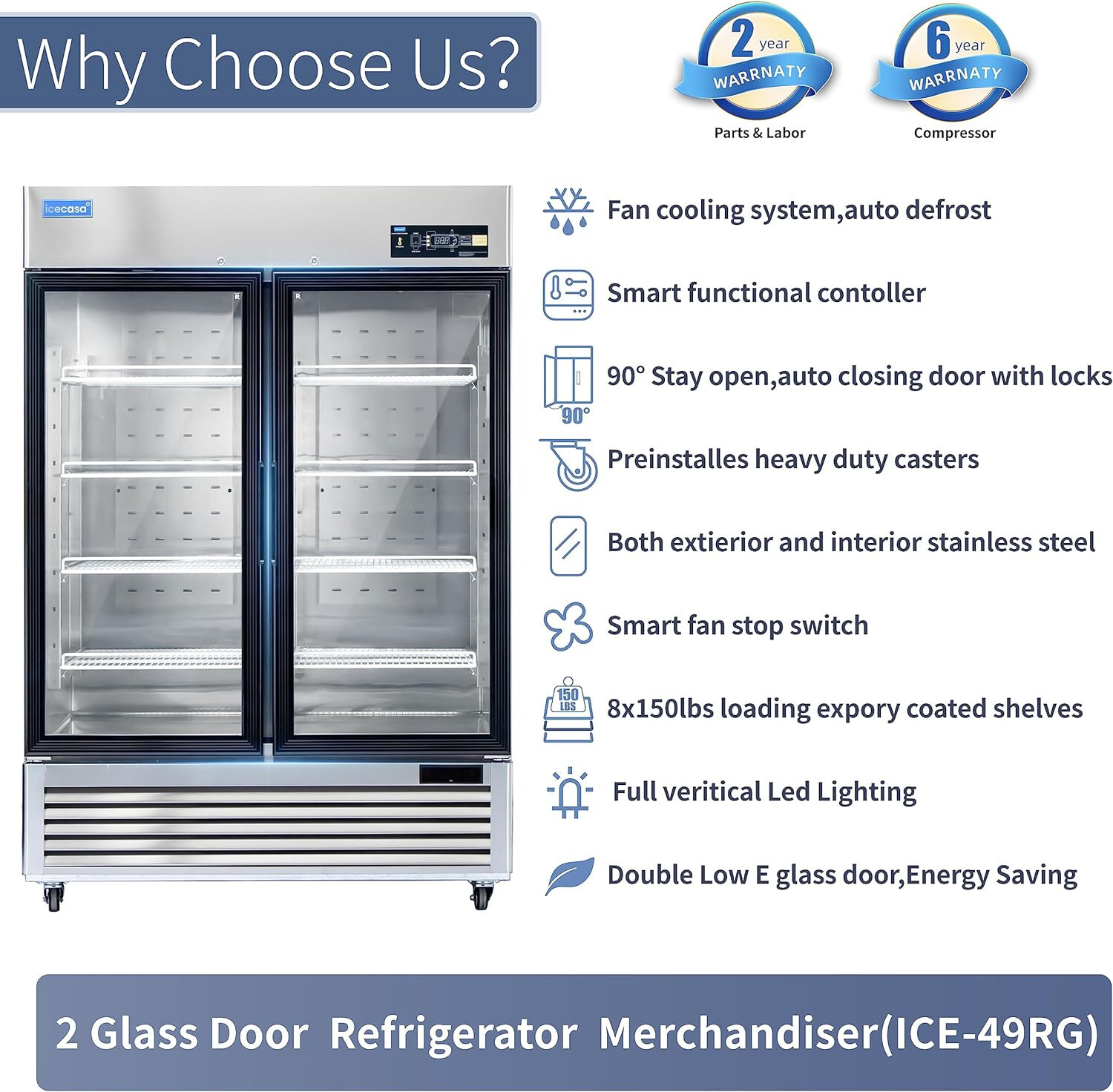 54″ Commercial Glass Door Refrigerator, 2 Door Reach-In Merchandiser 49 Cu.ft
