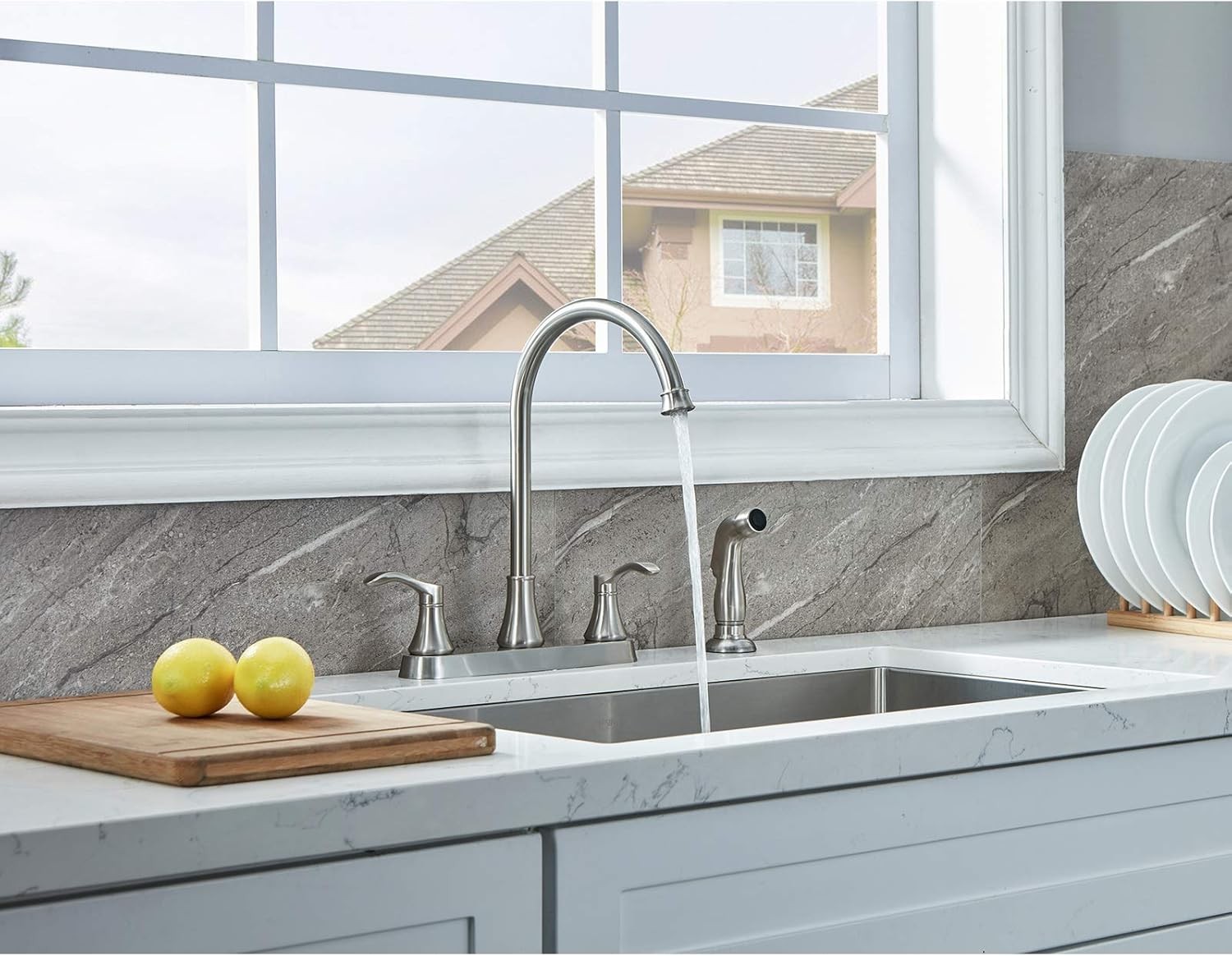 Brushed Nickel 2-Handle Kitchen Faucet with Side Sprayer, 3/4 Hole