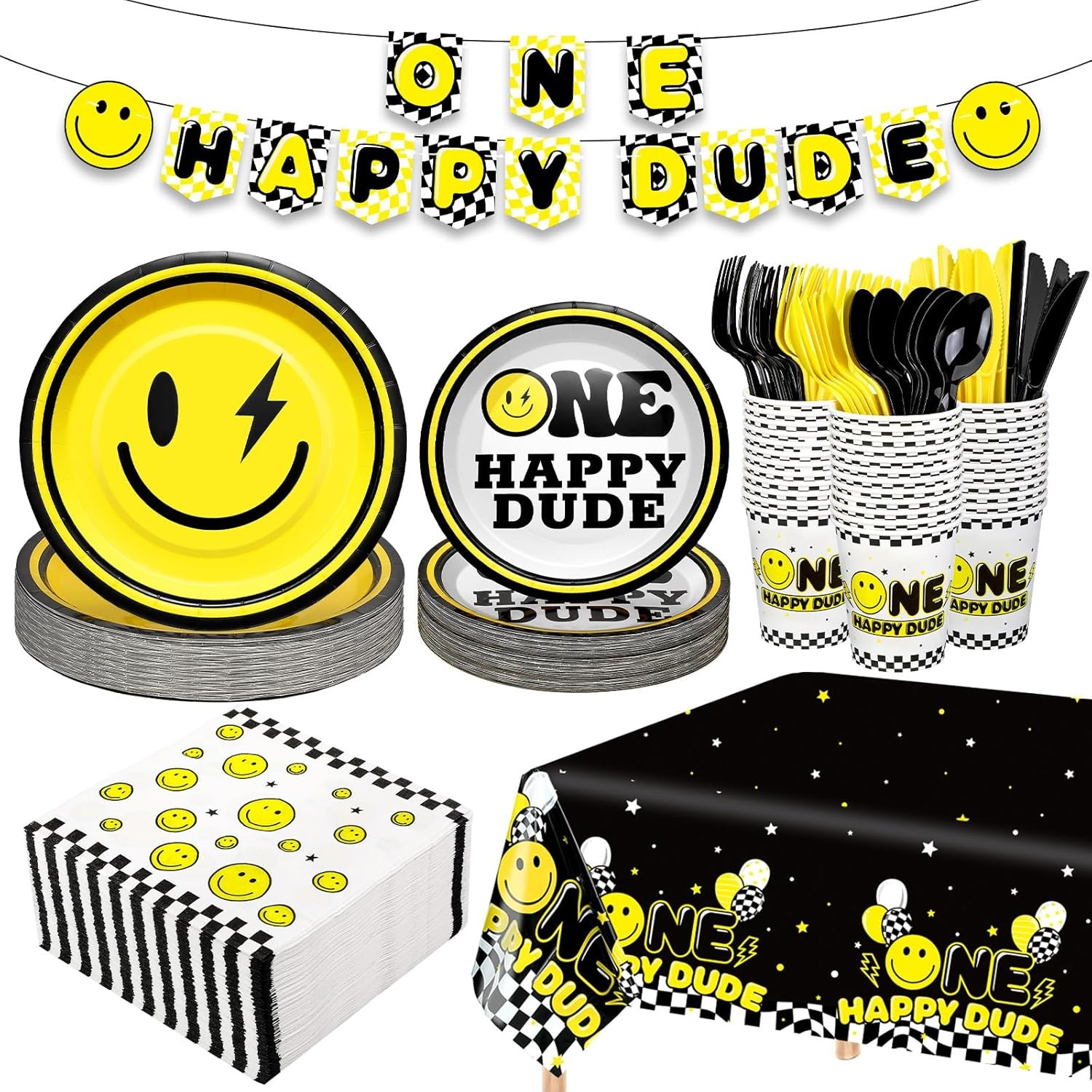 246 Pcs One Happy Dude Birthday Decorations Smile Face Party Tableware Serve 24