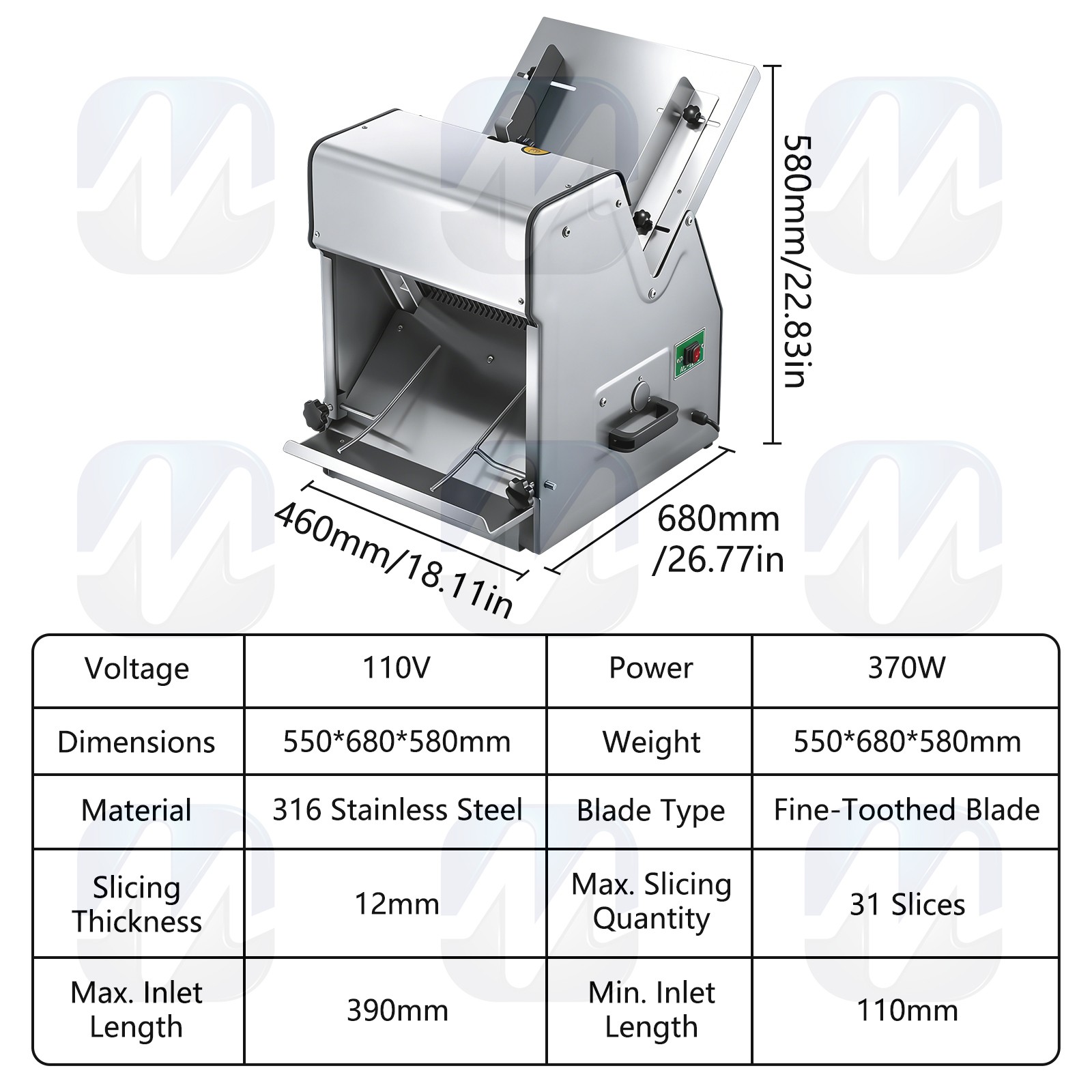 Commercial Bread Slicer 110V 370W Electric Toast Cutter with 316 Stainless Steel