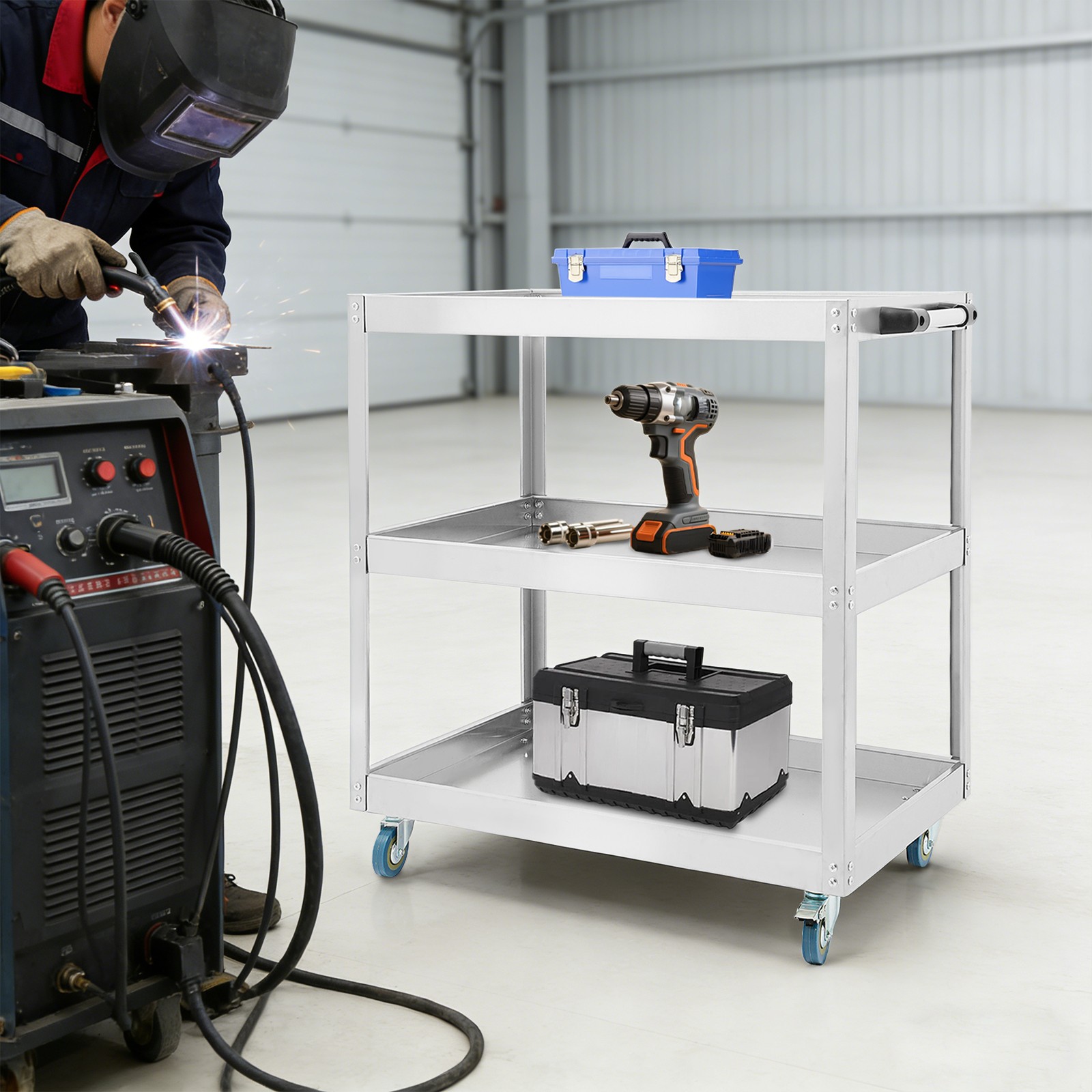 Stainless Steel Workshop Cart 3 Levels Multifunctional Cart W/ Wheels For Garage