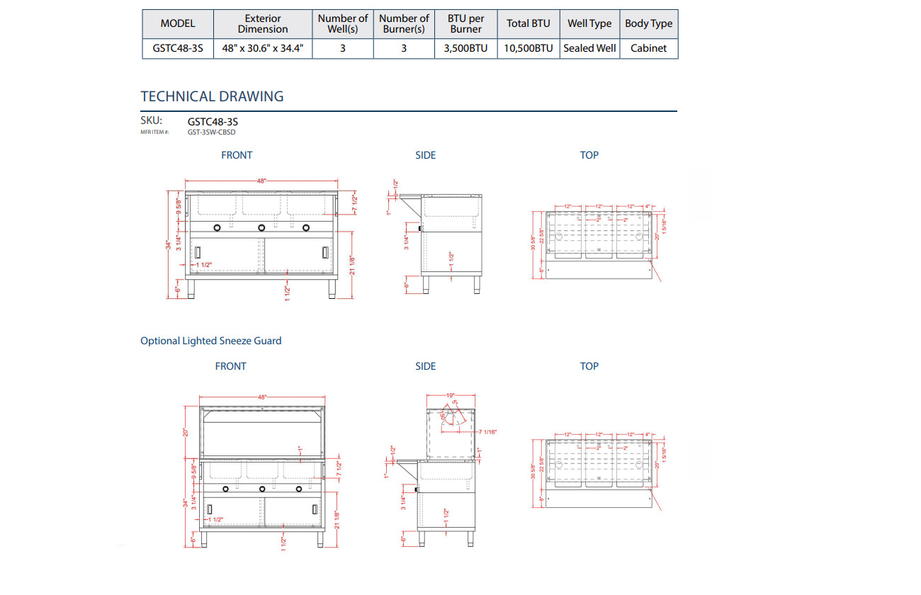 Prepline GSTC48-3S, 48″ Three Well Gas Hot Food Steam Table with Enclosed Base