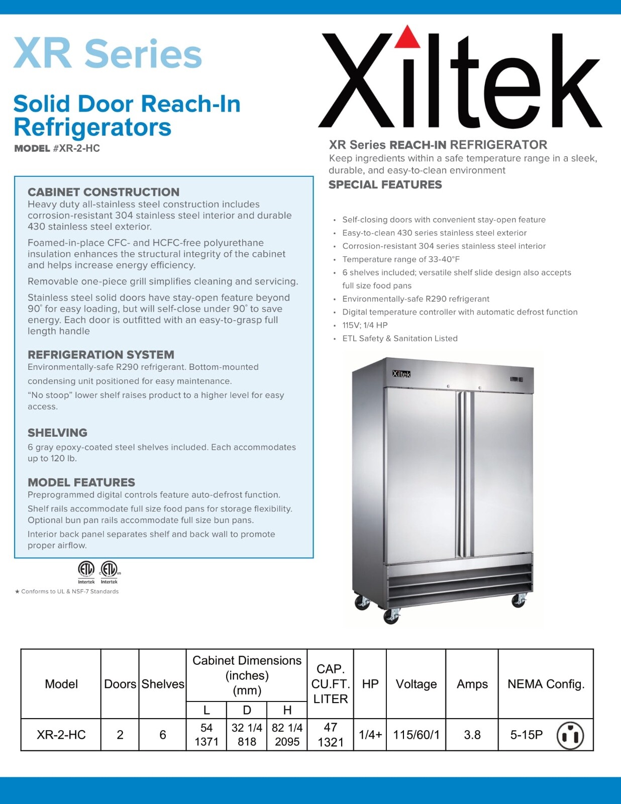 New Xiltek 54″ Commercial Refrigerator All Stainless Steel Reach In Two Section