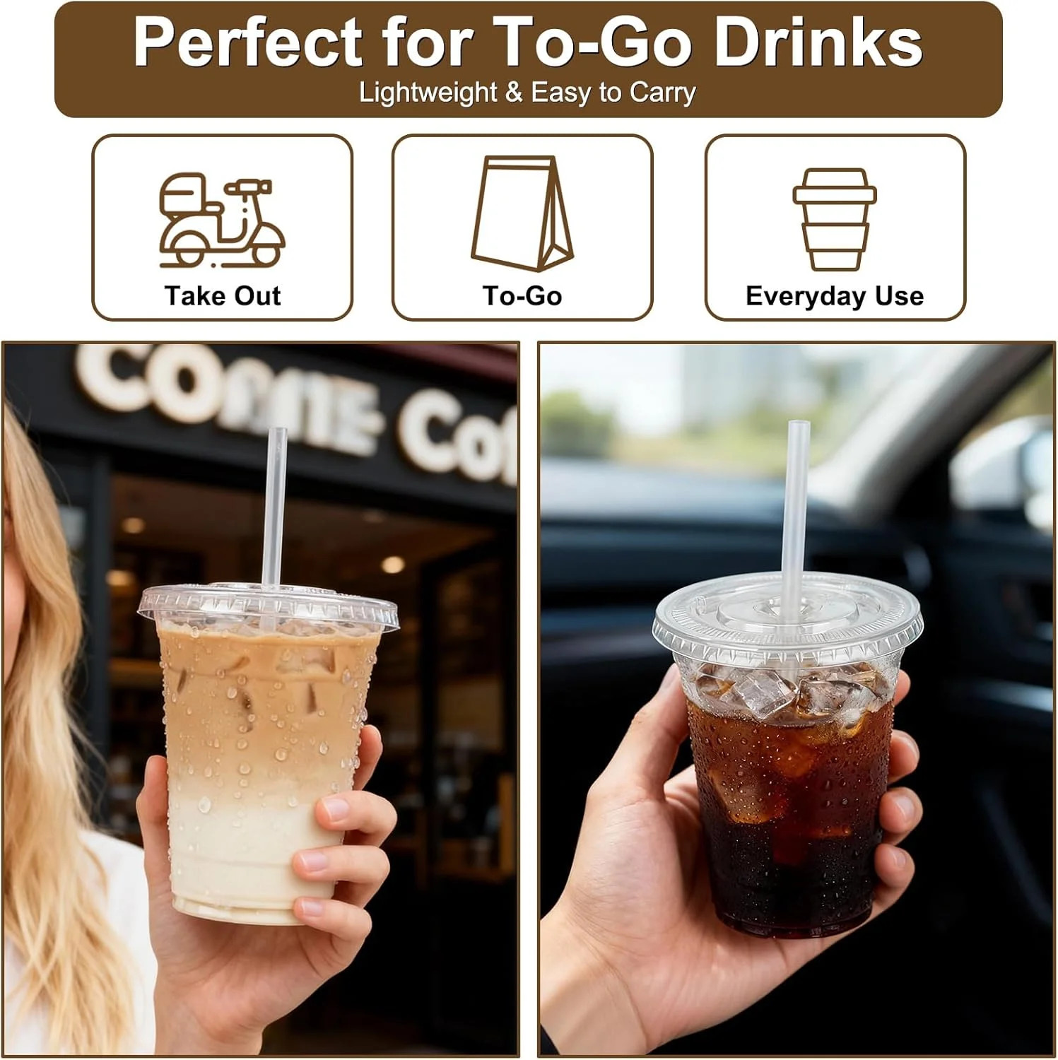 100 Pack 16oz Clear Plastic Cups with Lids & Straws, Leak-Proof Disposable Iced