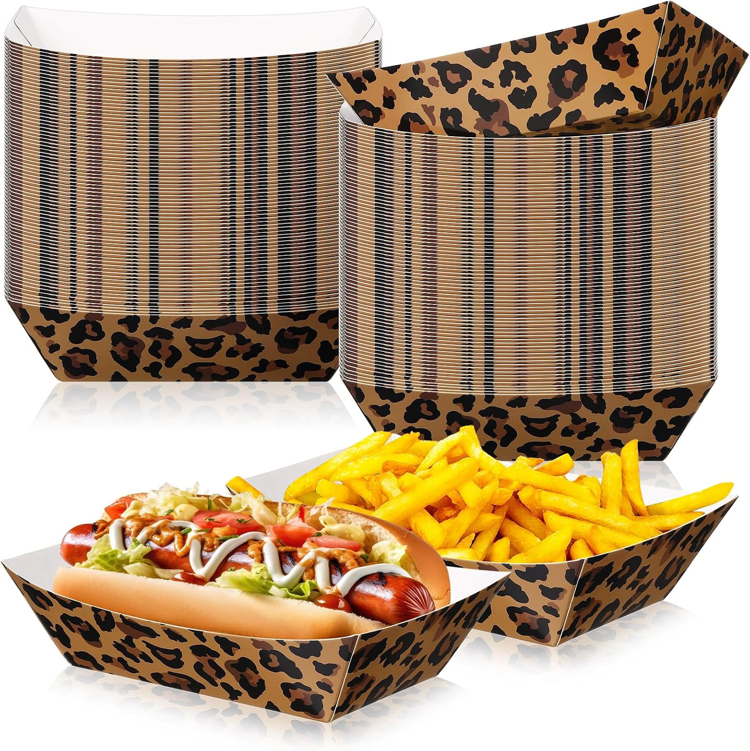 100 Pcs 2Lb Leopard Print Paper Food Trays Boats Jungle Animal Disposable Paper