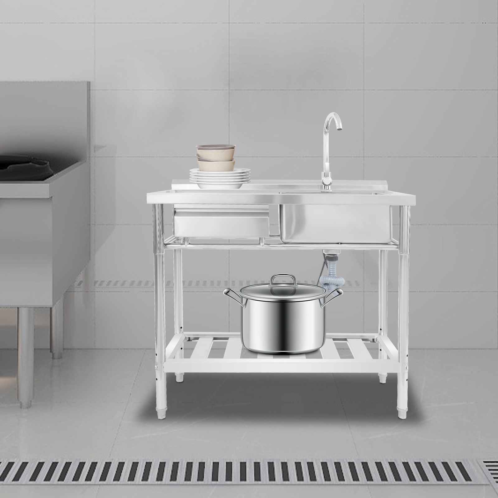 Kitchen Freestanding Stainless Steel Utility Sink w/ Cabinet Pull-Out Faucet
