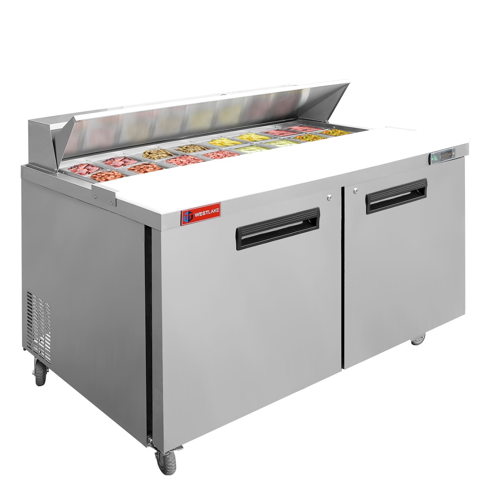 Salad Sandwich Prep Table, WESTLAKE 60″ 2 Door Refrigerated Prep Table, 16 Pans