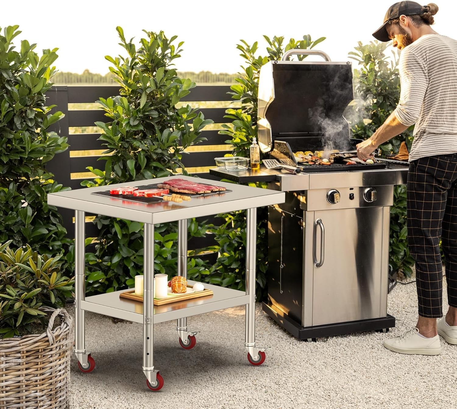 NSF Stainless Steel Table, 30″ X 24″ Work Table with Wheels, 2 Shelves Metal …