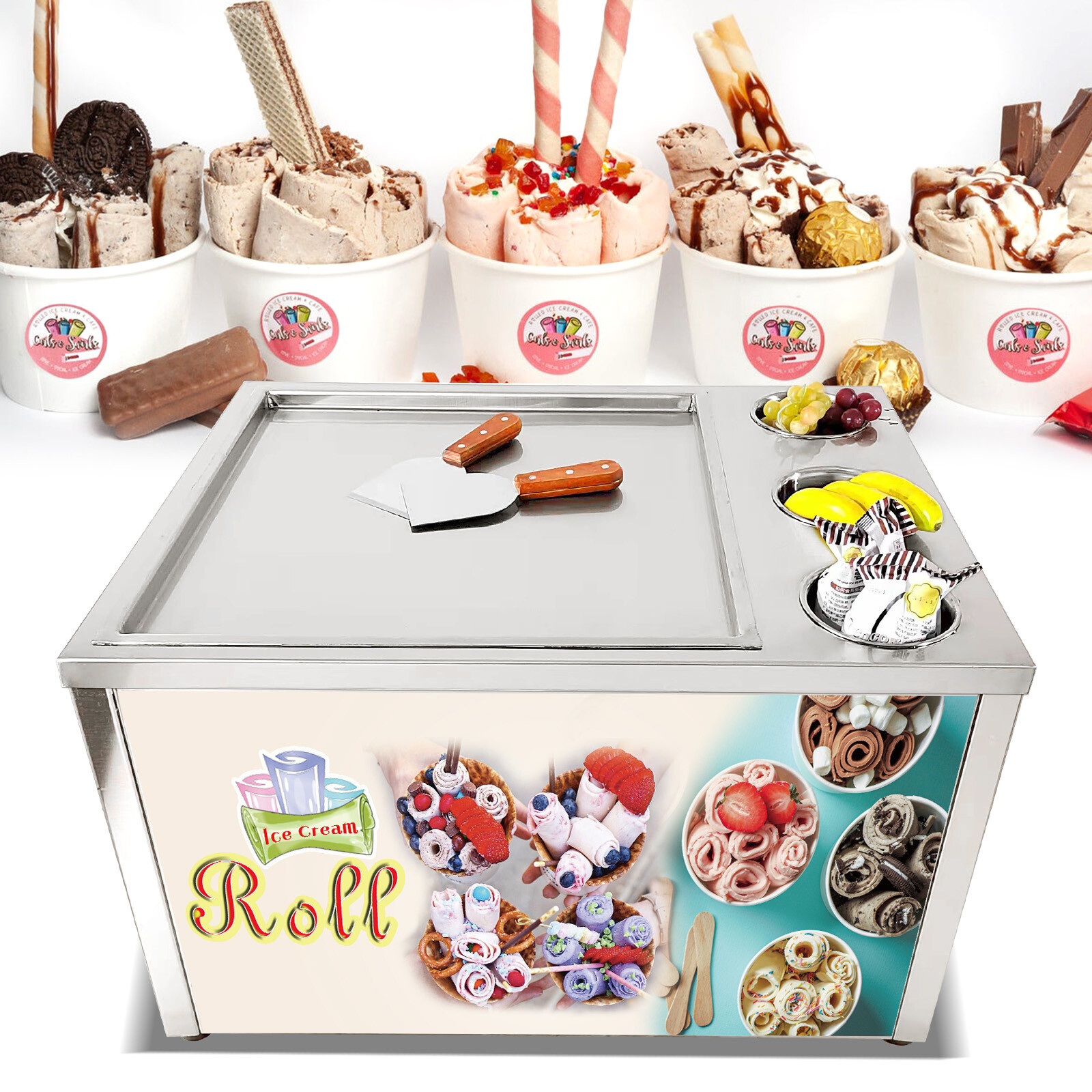Countertop 18»x18» single square pan rolled ice cream machine with 3 tanks