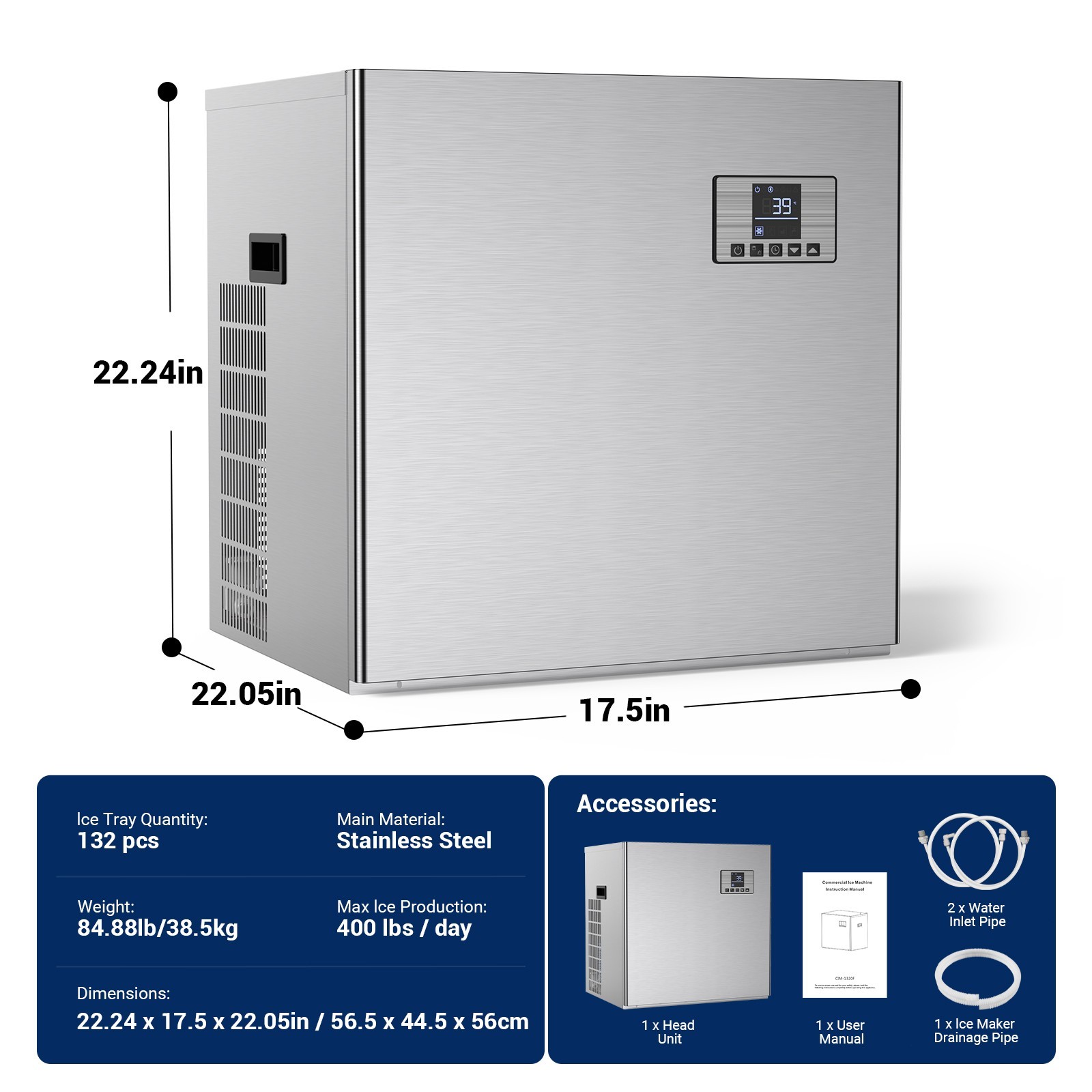 Commercial Ice Maker Machine 400 lbs/24 h Self-Cleaning Ice Machine – Head Only
