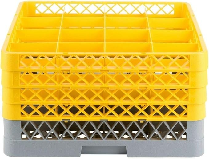 16-Compartment Food Service Full-Size Glass Rack W/ 4 Yellow Extenders,BASE:GRAY