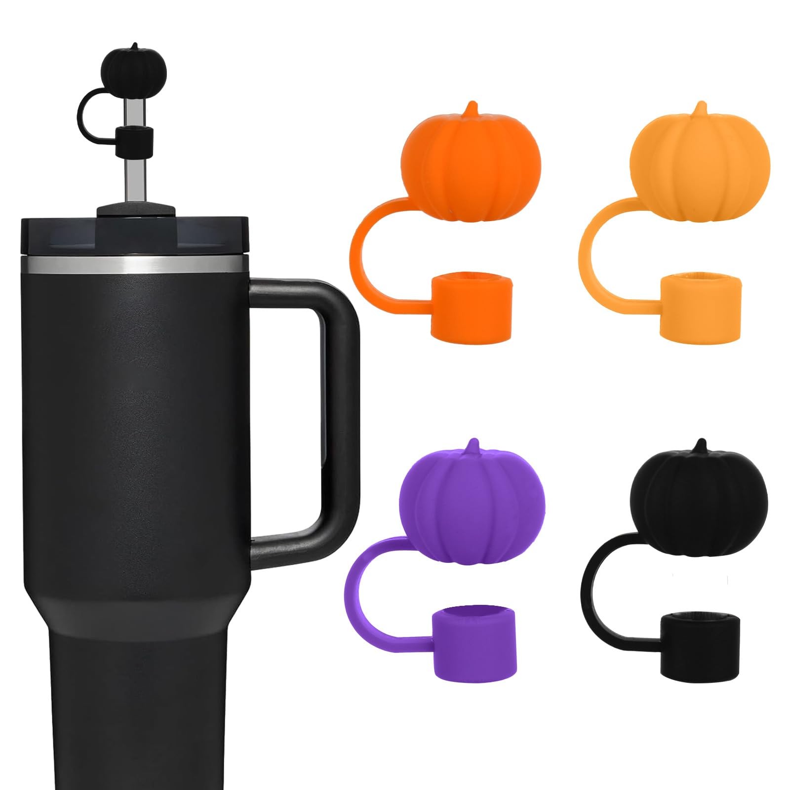 Whaline 4 Pcs Halloween Straw Cover Cap 0.4 inch, Orange Yellow Purple Black