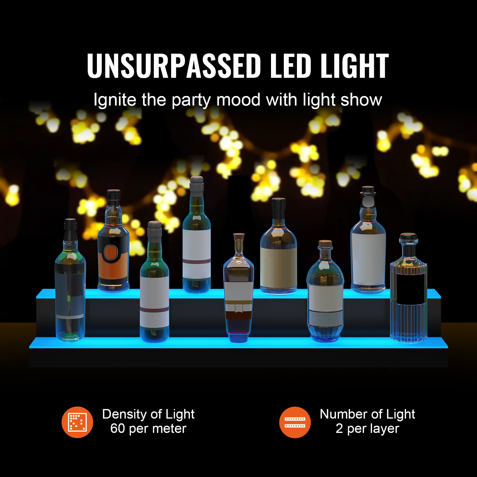 VEVOR LED Lighted Liquor Bottle Display Bar Shelf RF & App Control 40″ 2-Step