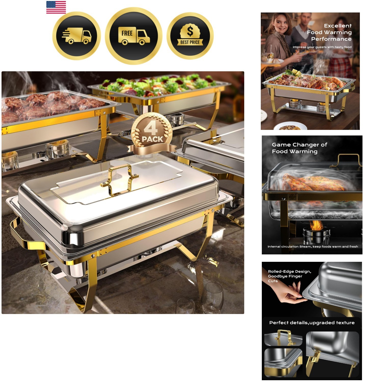 Chafing Dishes for Buffet 4 Pack, 9QT [Elegant Gold and Silver Colors] Food W…
