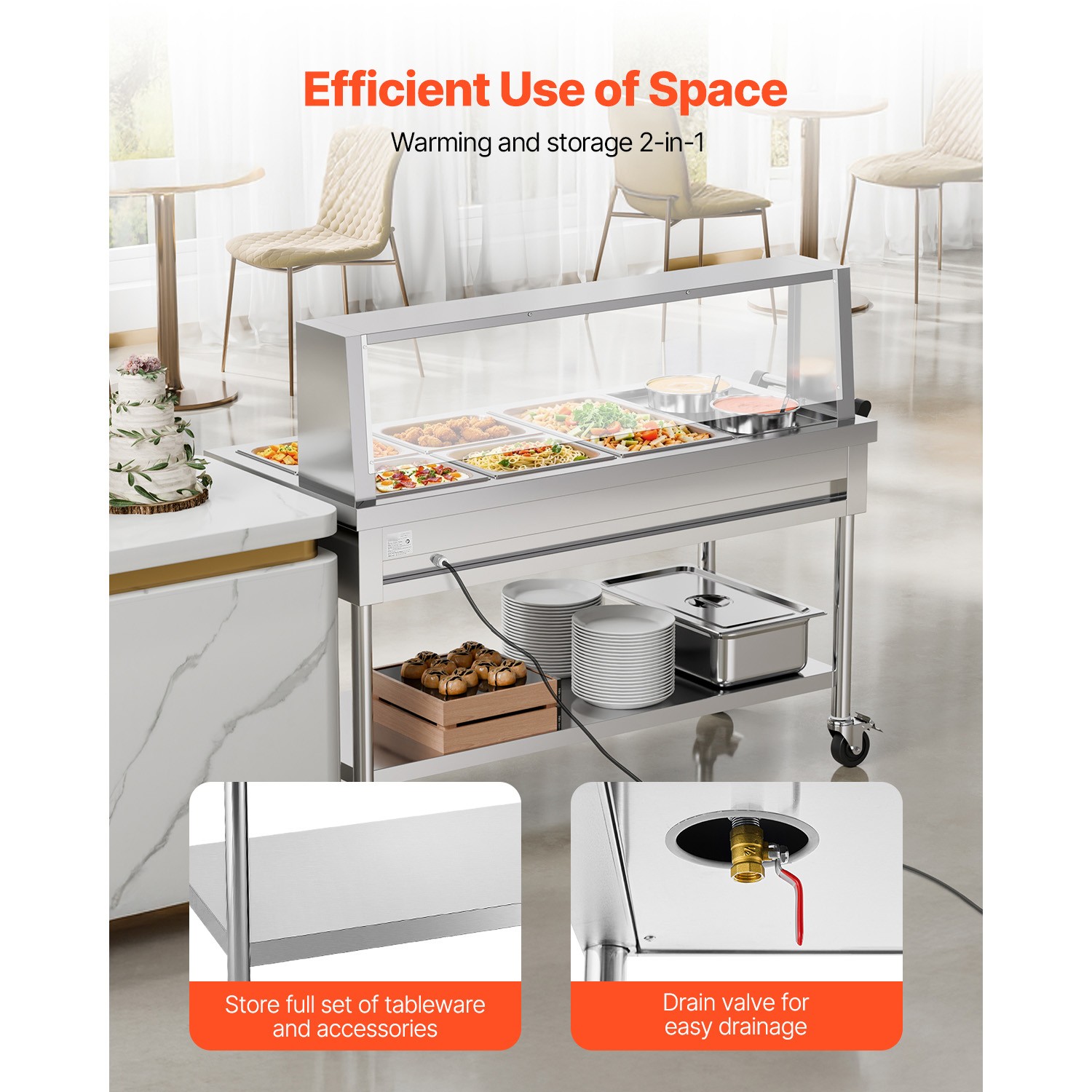 Uimoso 5 Pans + 2 Pots Commercial Food Warmer Steam Table with Undershelf Shield