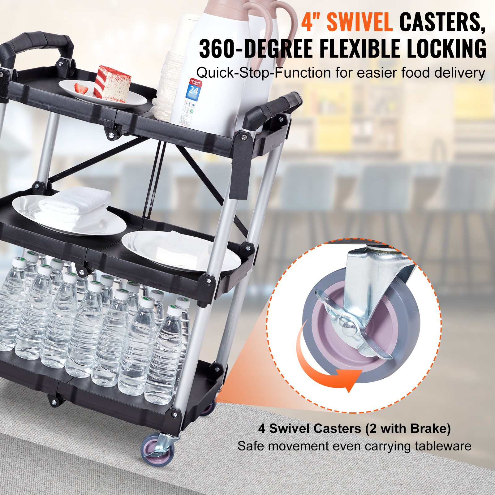 VEVOR Foldable Utility Service Cart 3 Shelf 165LBS with Swivel Lockable Wheels