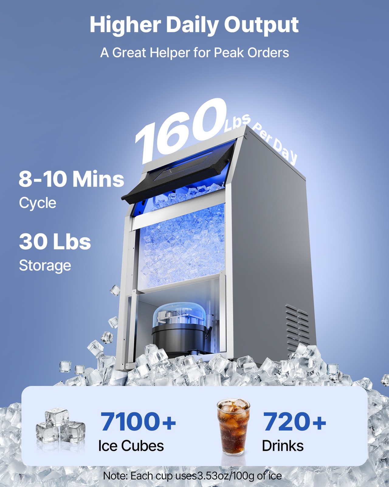 VEVOR Commercial Ice Maker 160 lbs/24h Ice Machine 30 lbs Storage Bar Restaurant