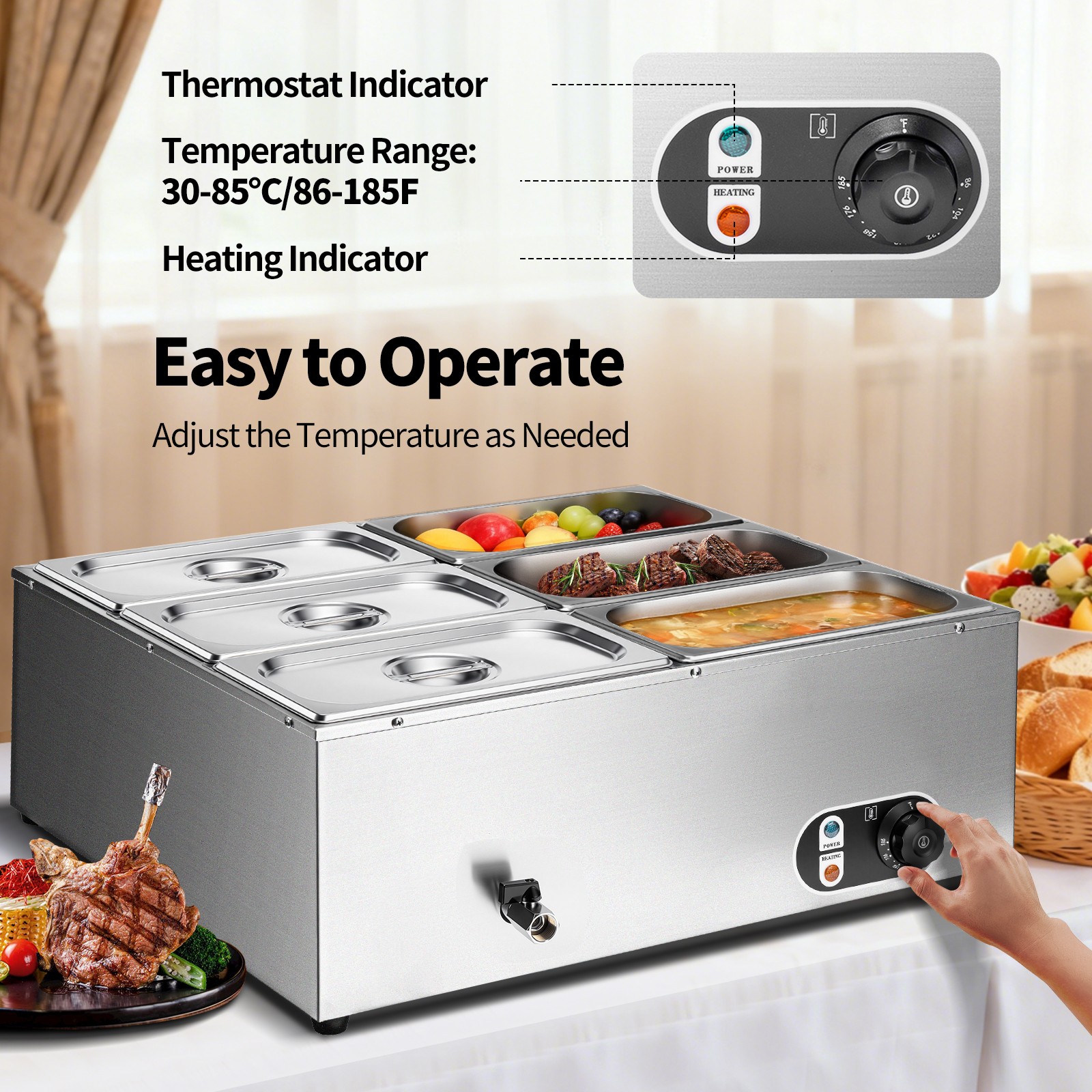 6-Pan 48Qt Commercial Food Warmer Countertop Buffet Bain Marie Steam Table 1500W