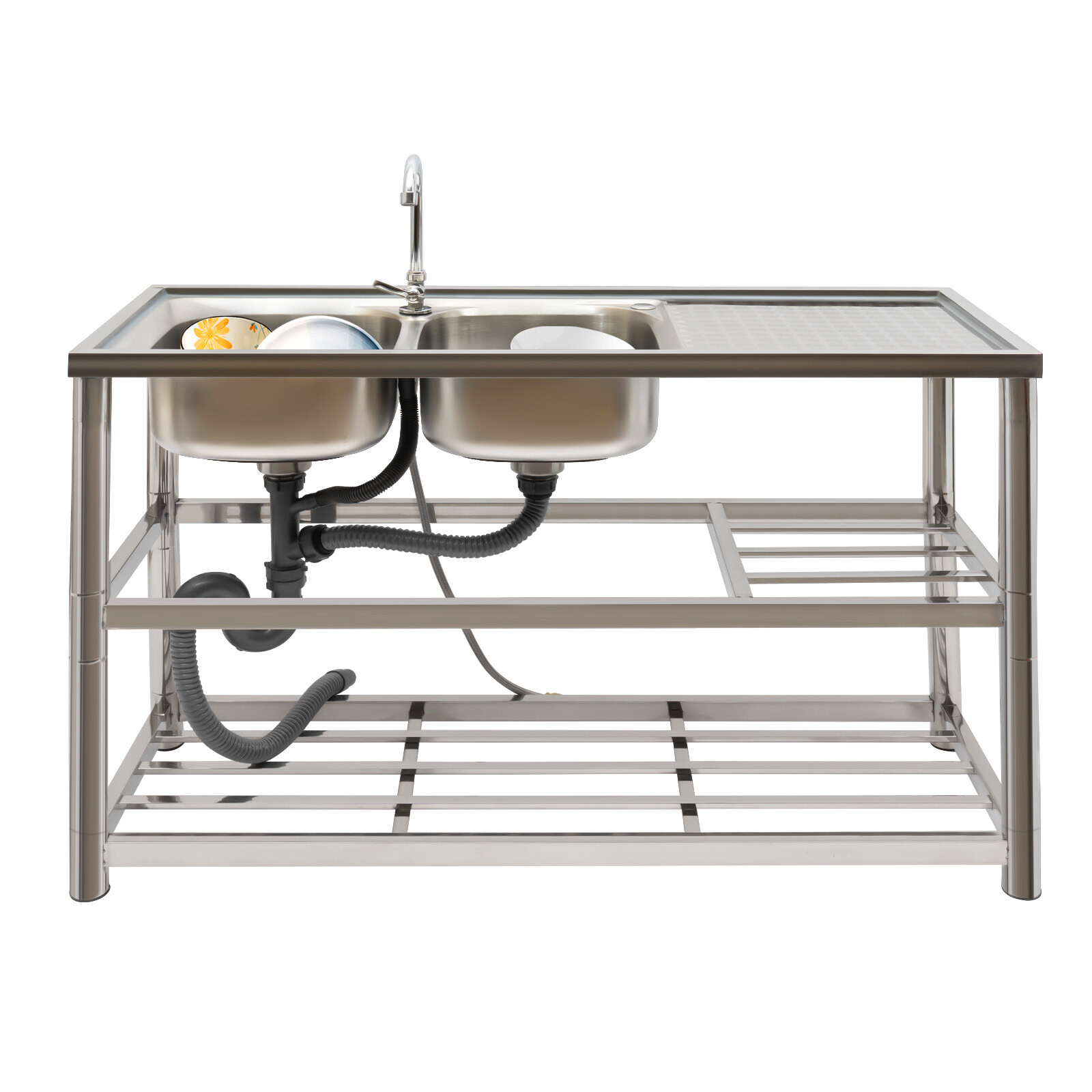 Commercial Stainless Steel Sink Utility Sink 2 Compartment Kitchen w/ Prep Table