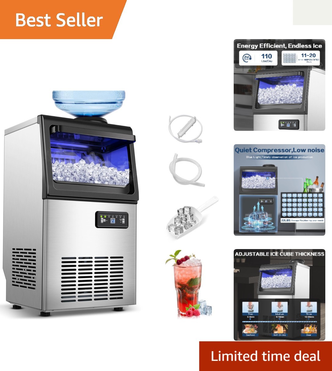 Stainless Steel Commercial Ice Maker 110LBS/24H – Self-Cleaning & Efficient