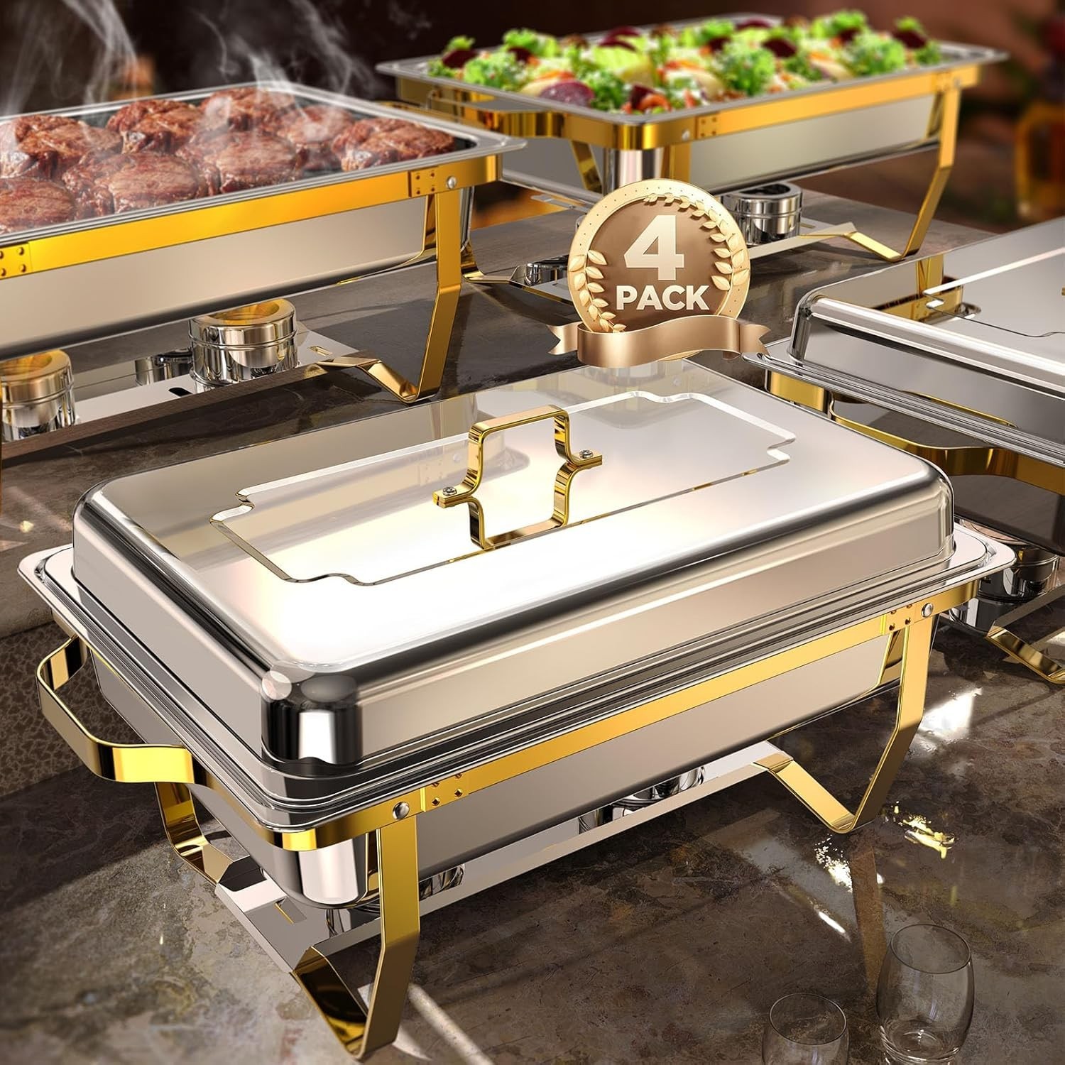 Chafing Dishes for Buffet 4 Pack, 9QT [Elegant Gold and Silver Colors] Food W…