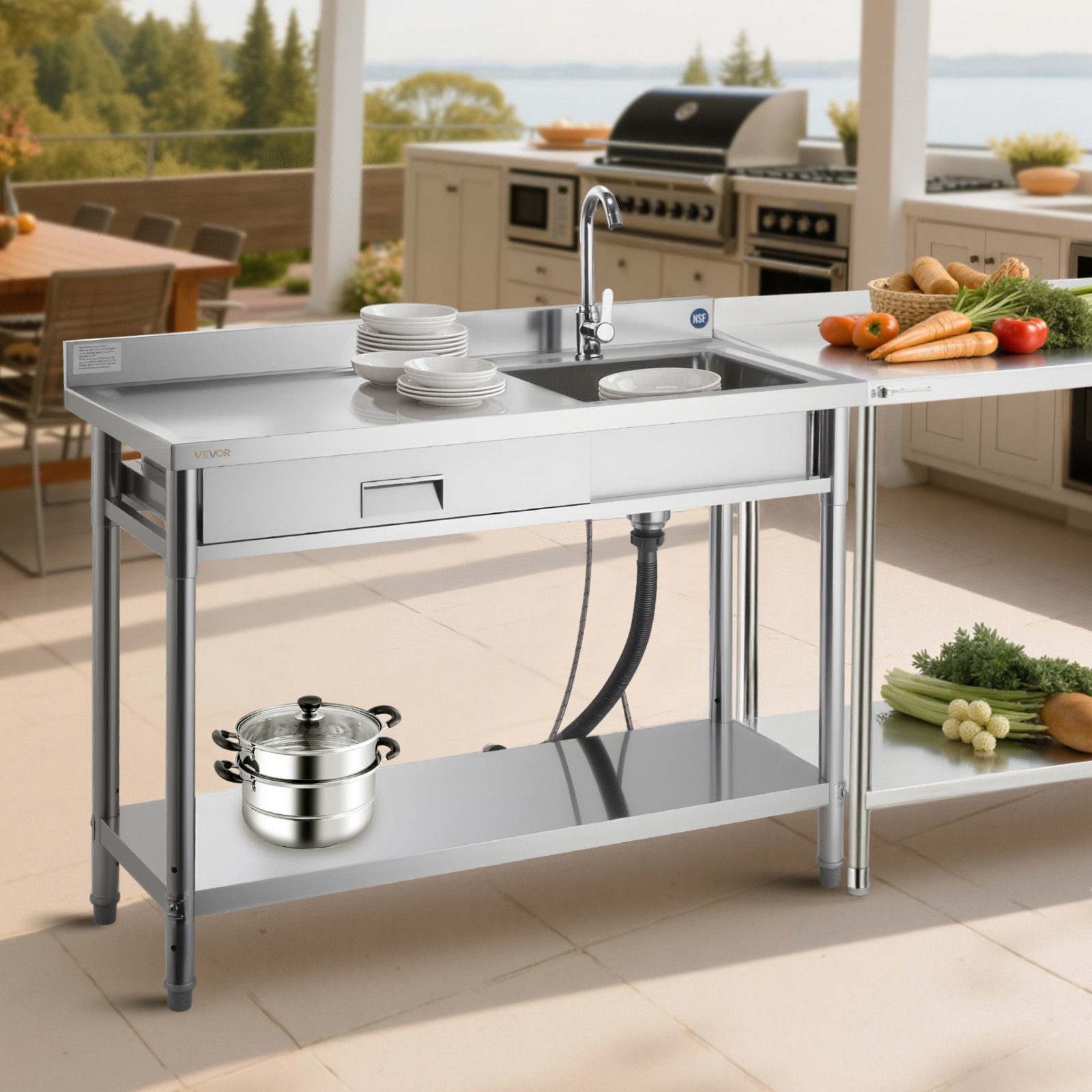 VEVOR Stainless Steel Utility Sink with Drawer Single Bowl 47.2 x 19.7 x 37 in