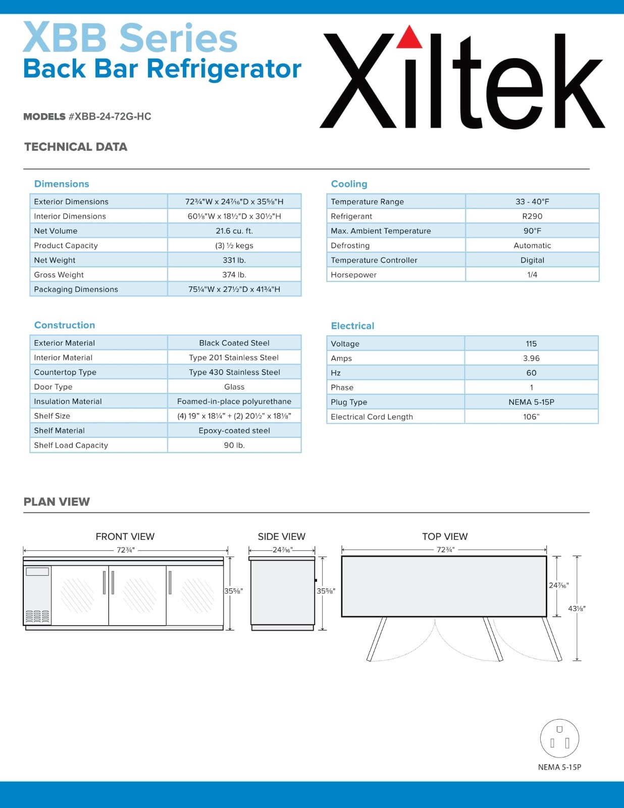 New Xiltek 72″ Triple Glass Door Commercial Back Bar Cooler Beer Refrigerator