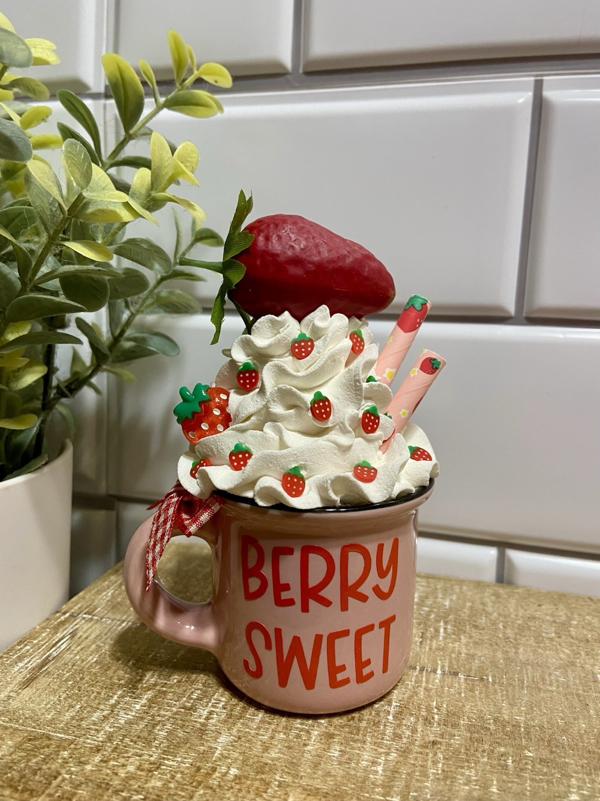 Cute STRAWBERRY Mini Ceramic Mug Faux Fake Whipped Cream Tiered Tray Decor 4.55″