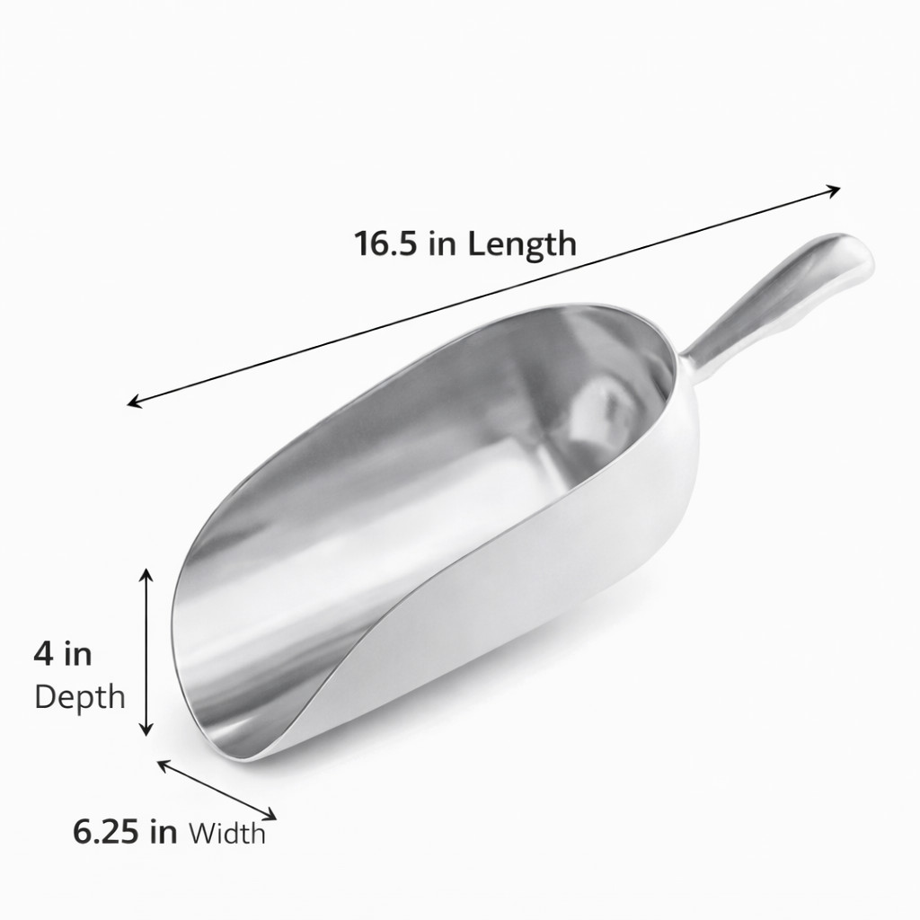 Choice 85 oz Aluminum Ice Scoop One-Piece Utility Scoop 16.5″ Handle Silver